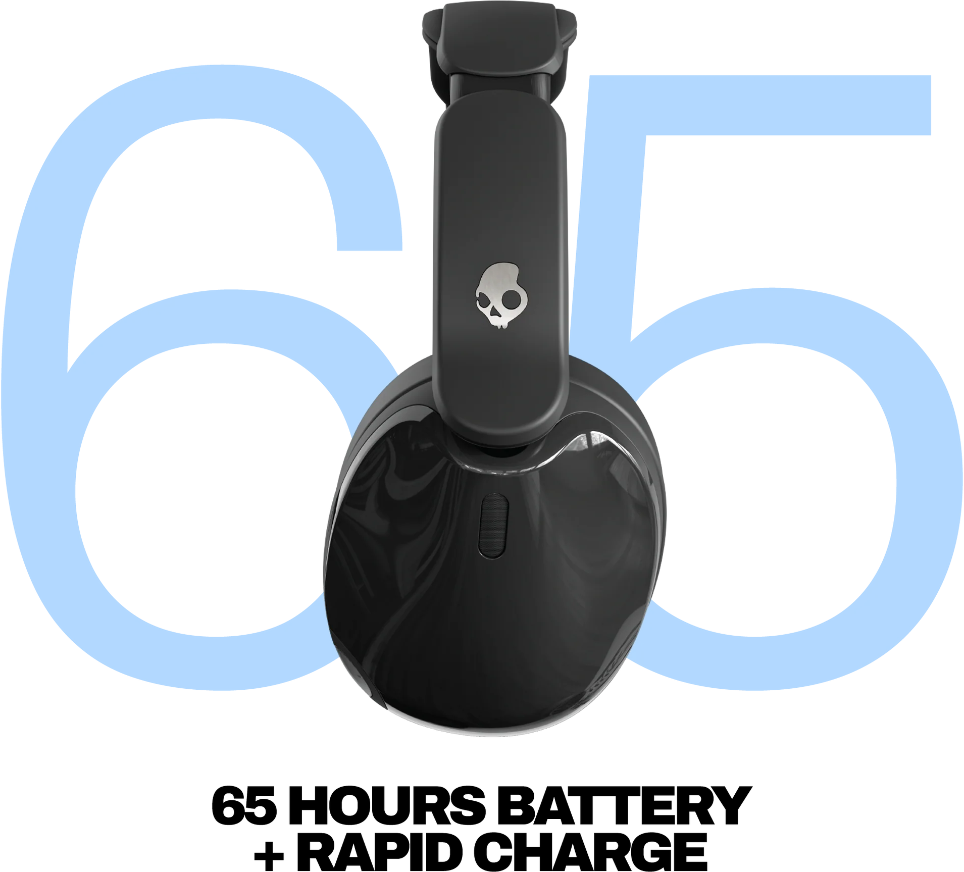 Fekete Skullcandy fejhallgató nagy kék 6-os és 5-ös számok előtt.