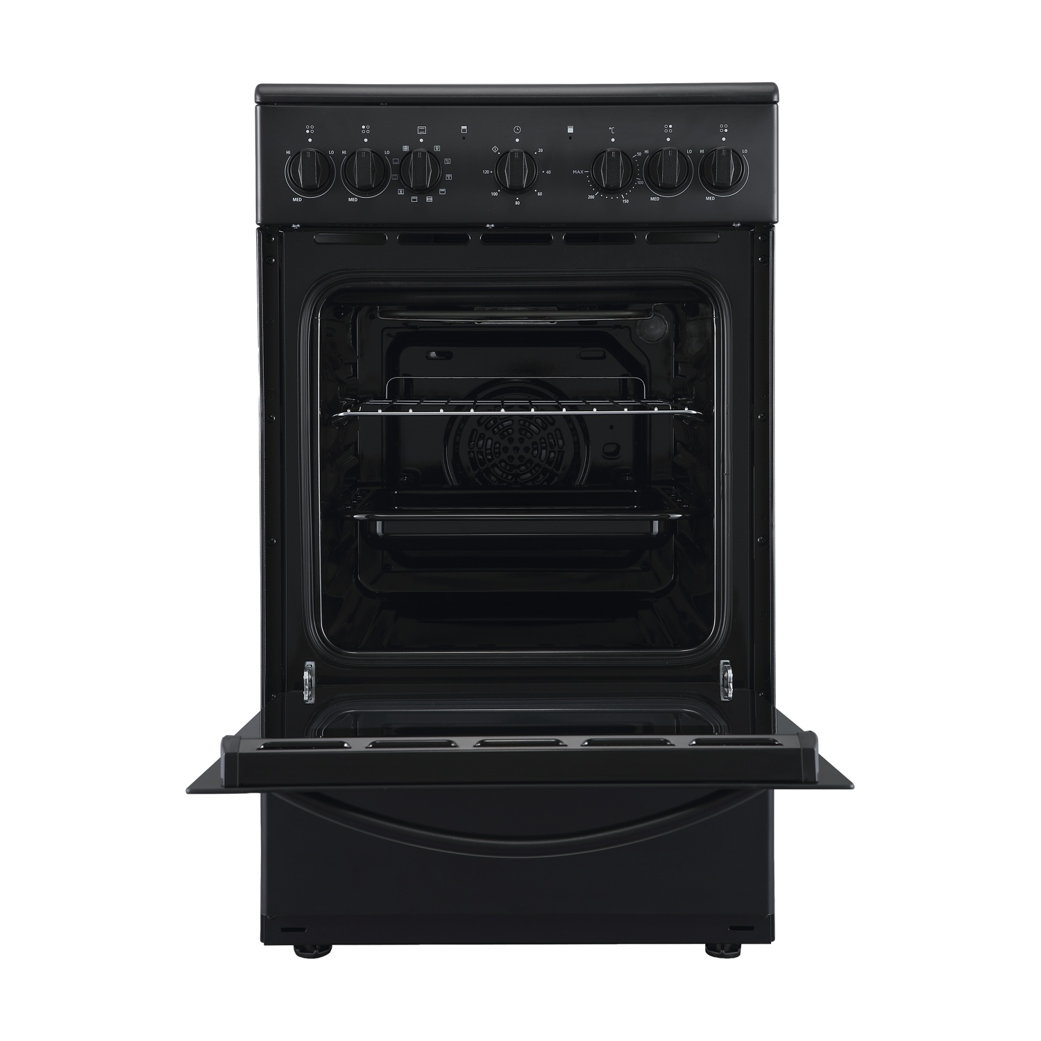 Un forno nero con la porta aperta, manopole di controllo e finestra di visualizzazione.