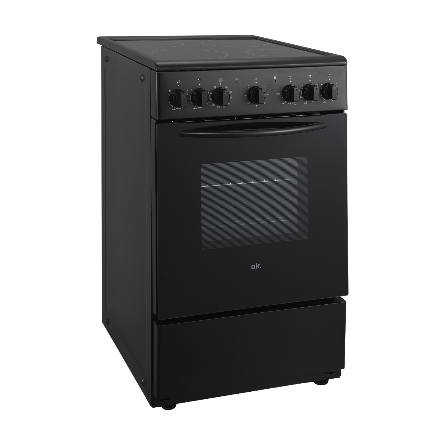 Fornello nero con quattro fuochi, porta del forno e cassetto.