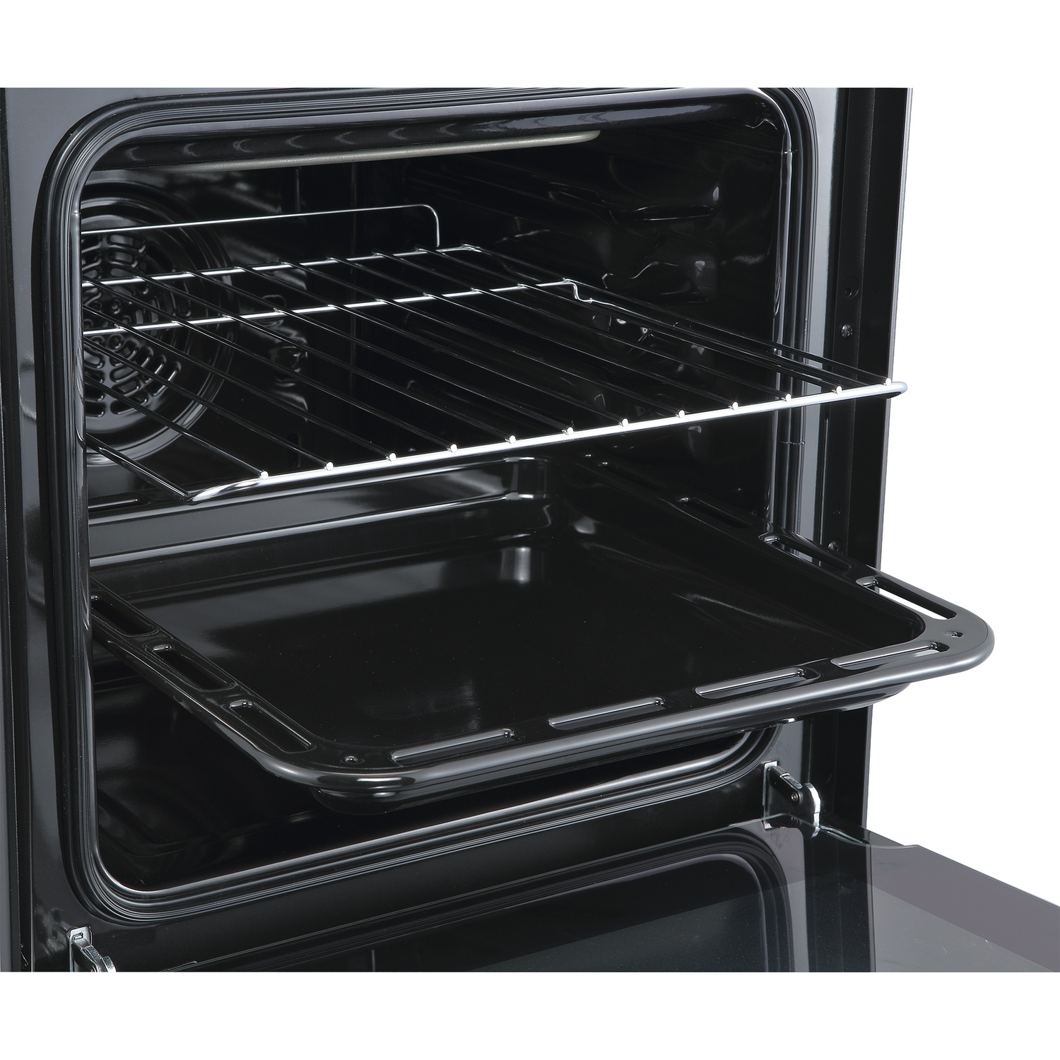 Vista interna di un forno nero con griglia estraibile e teglia.