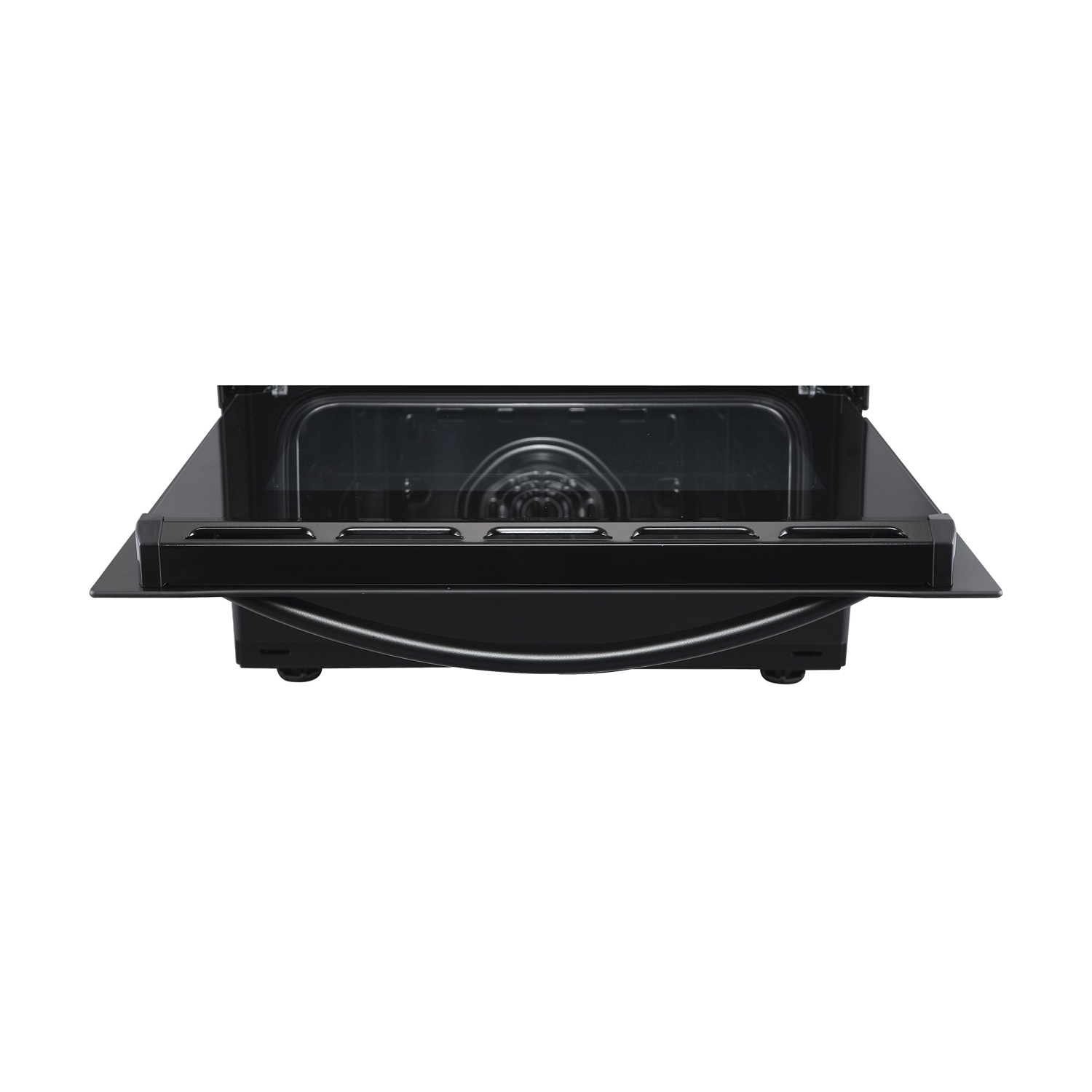 Forno da incasso con frontale in vetro nero e interno visibile.