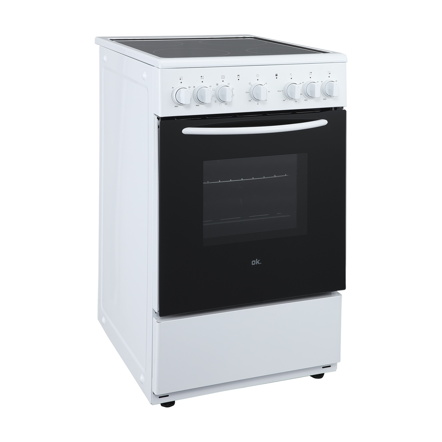 Un forno bianco indipendente con porta in vetro nero e piano cottura in ceramica.