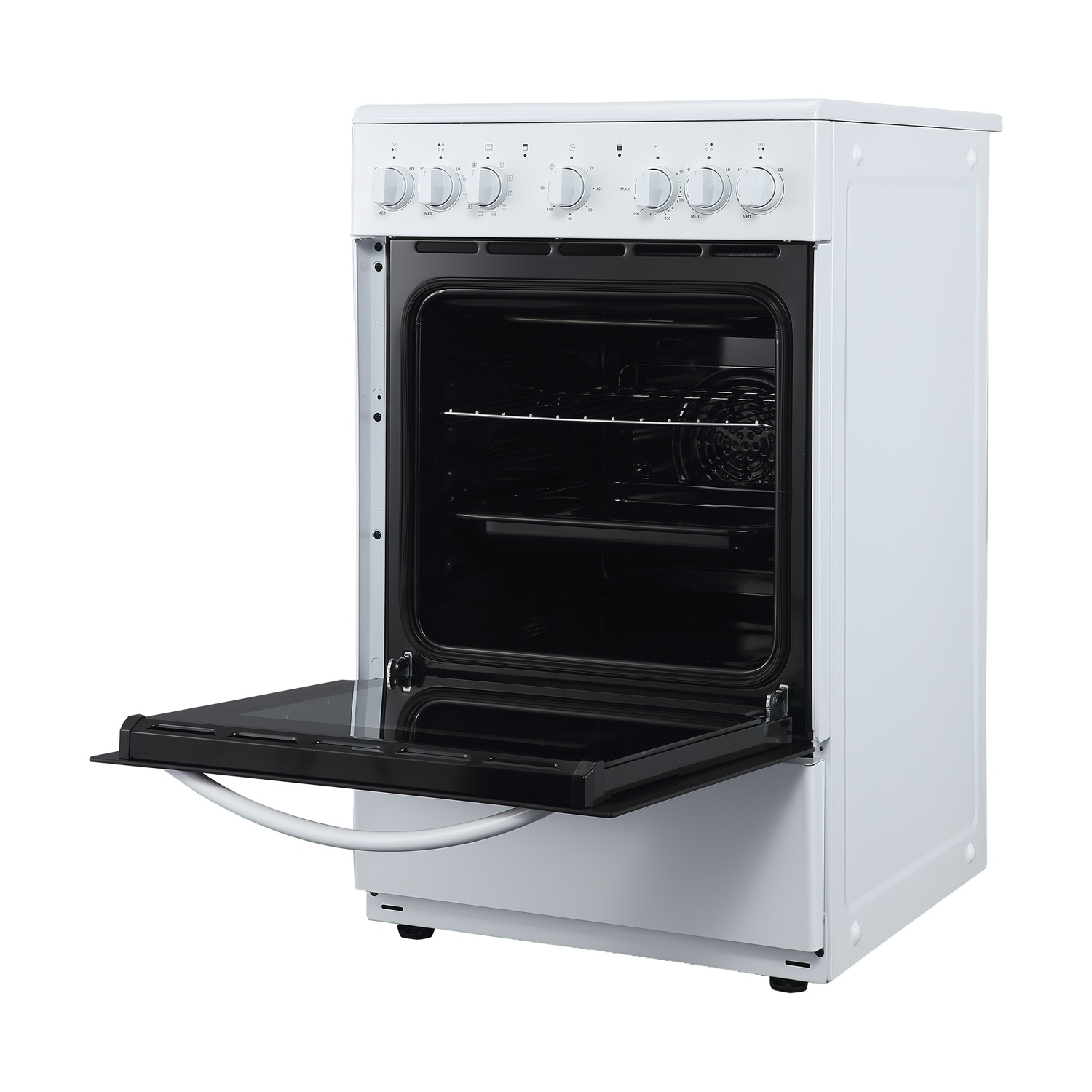 Un forno bianco con la porta aperta, mostrando interni e comandi.
