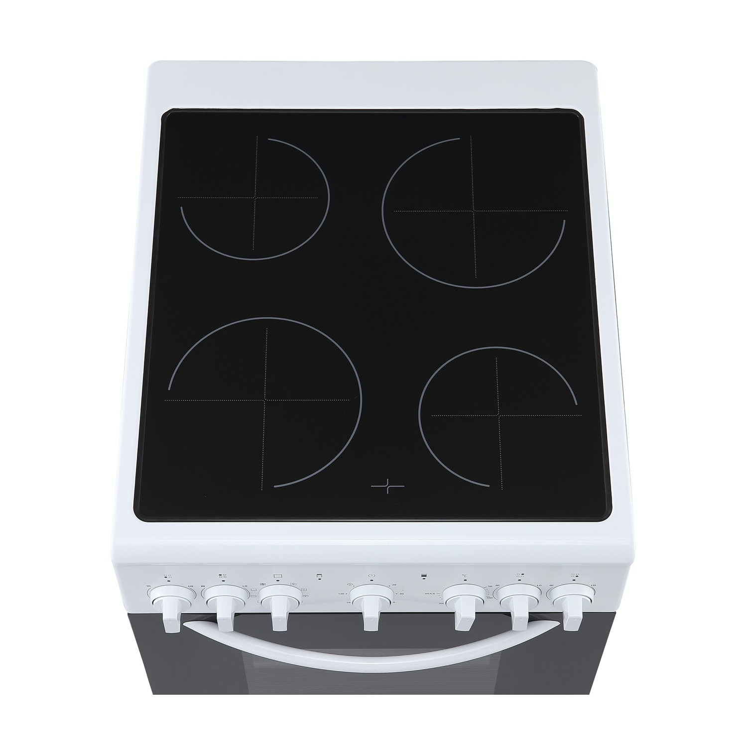 Una cucina elettrica bianca con piano cottura nero e quattro zone.