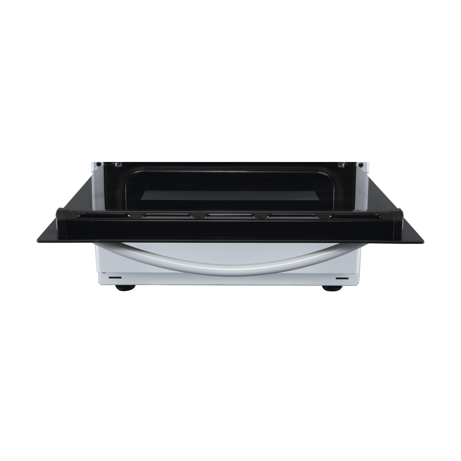 Forno da incasso bianco con piano cottura nero e vano aperto.