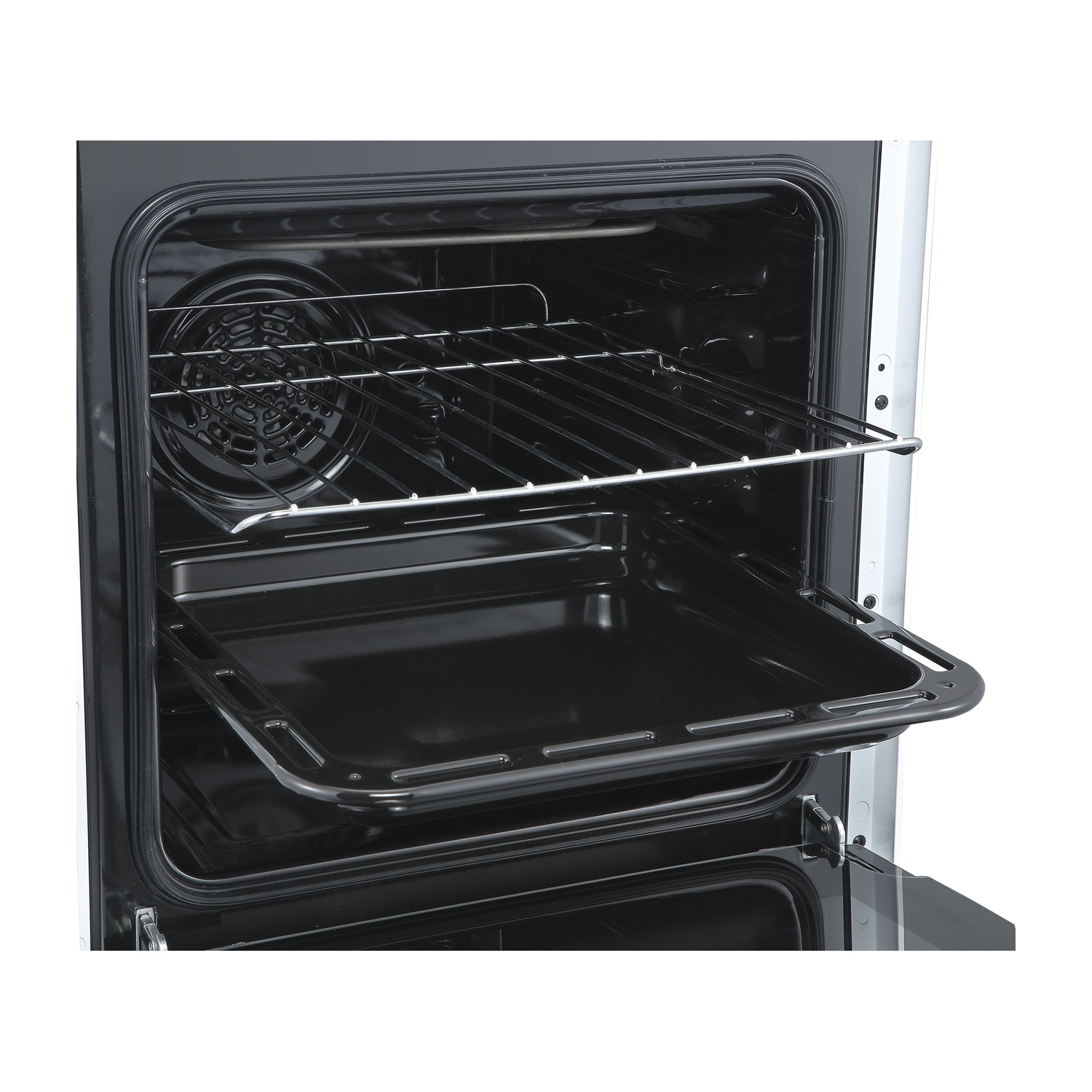 Un forno aperto con tre griglie e una teglia estraibile.