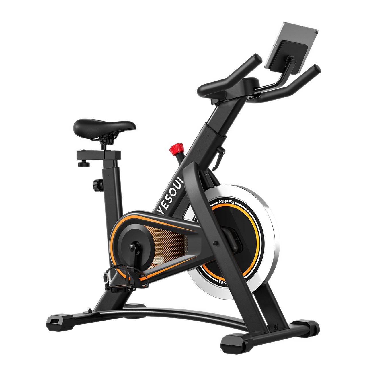 Czarny rower stacjonarny z srebrnym kołem zamachowym i uchwytem na tablet.