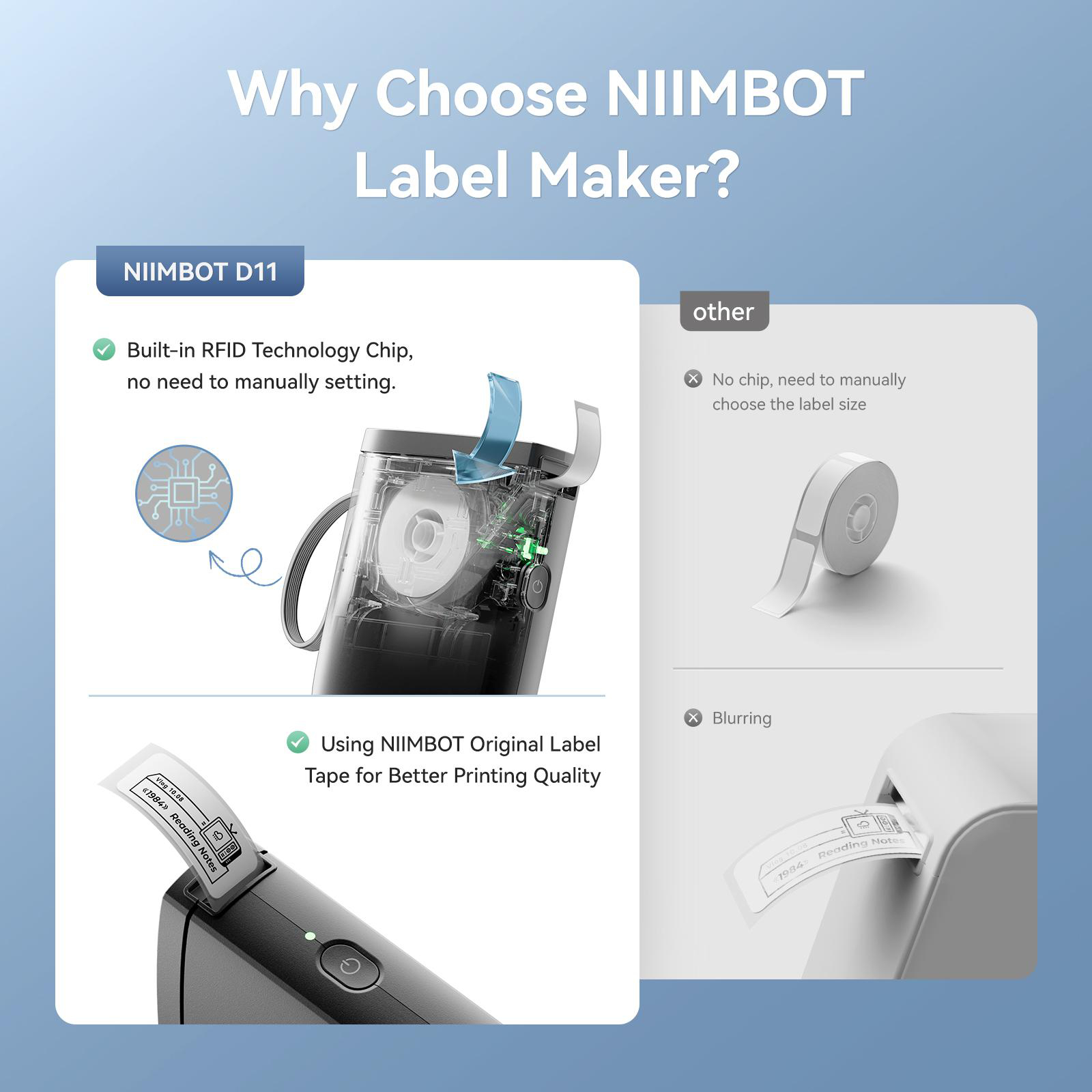 NIIMBOT D11 Etikettendrucker mit RFID-Chip und Originalband.