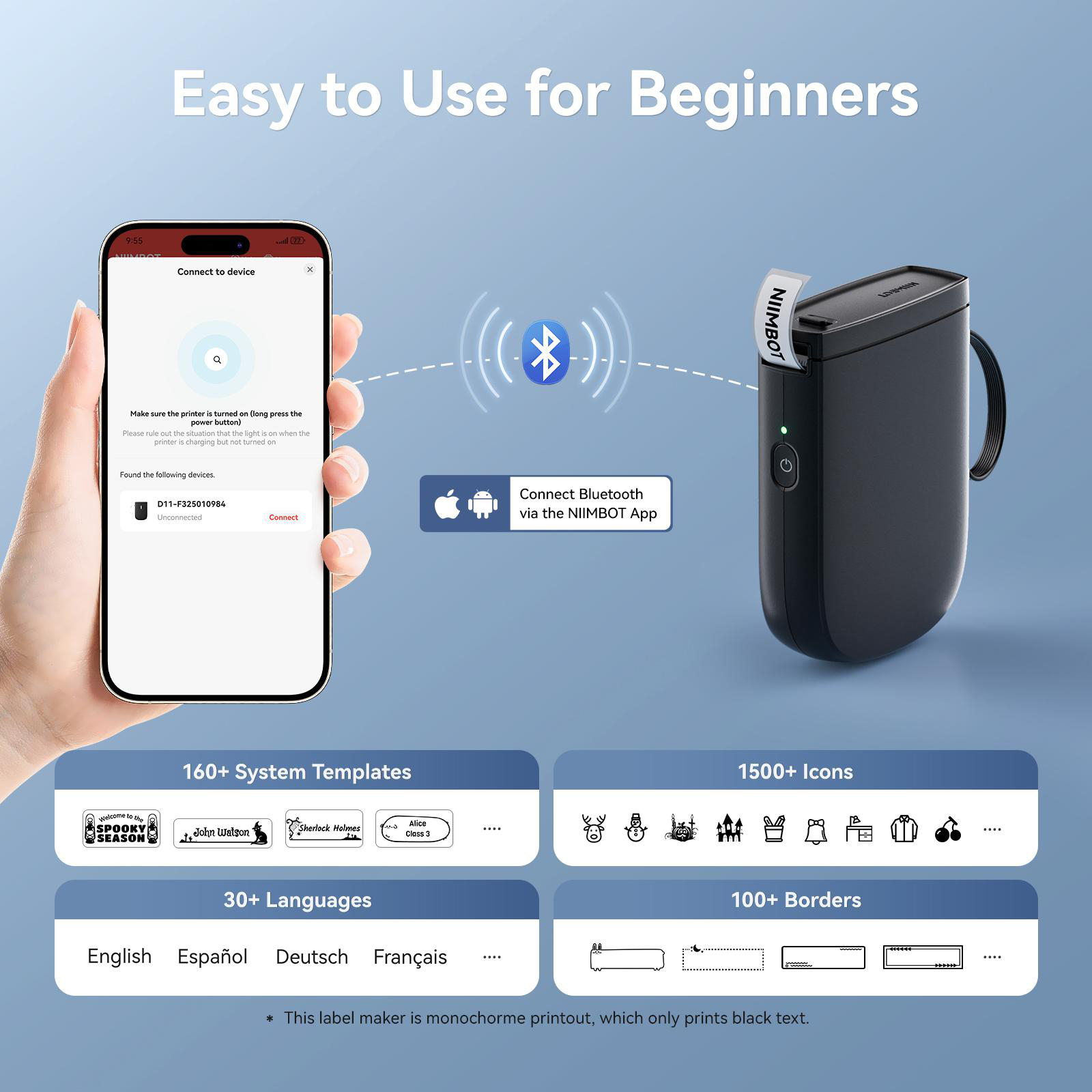 Ein Smartphone verbindet sich per Bluetooth mit einem NIIMBOT-Drucker.