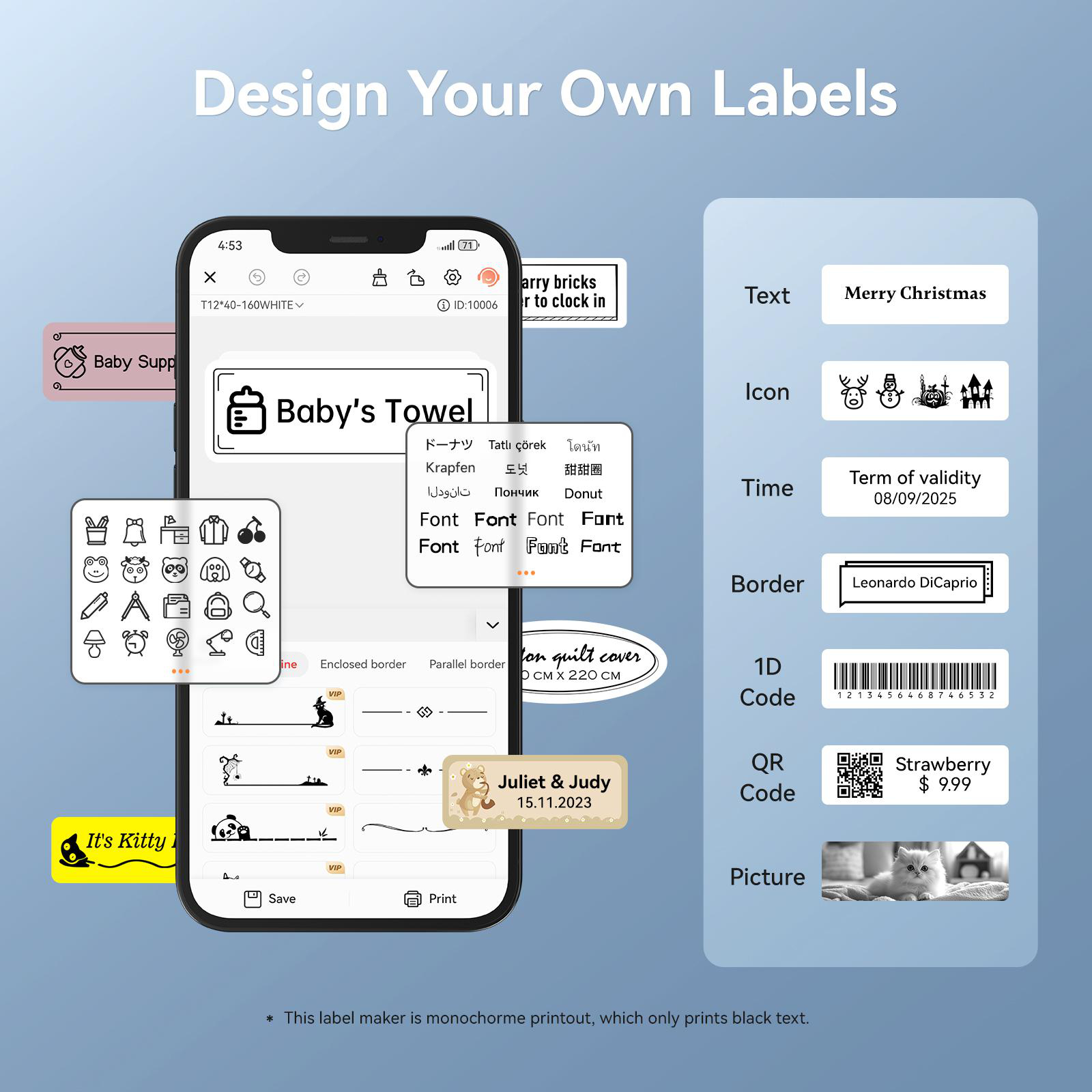 Etikettenmacher-App zeigt Optionen: Text, Symbol, Zeit, Rahmen, 1D/QR-Code, Bild.