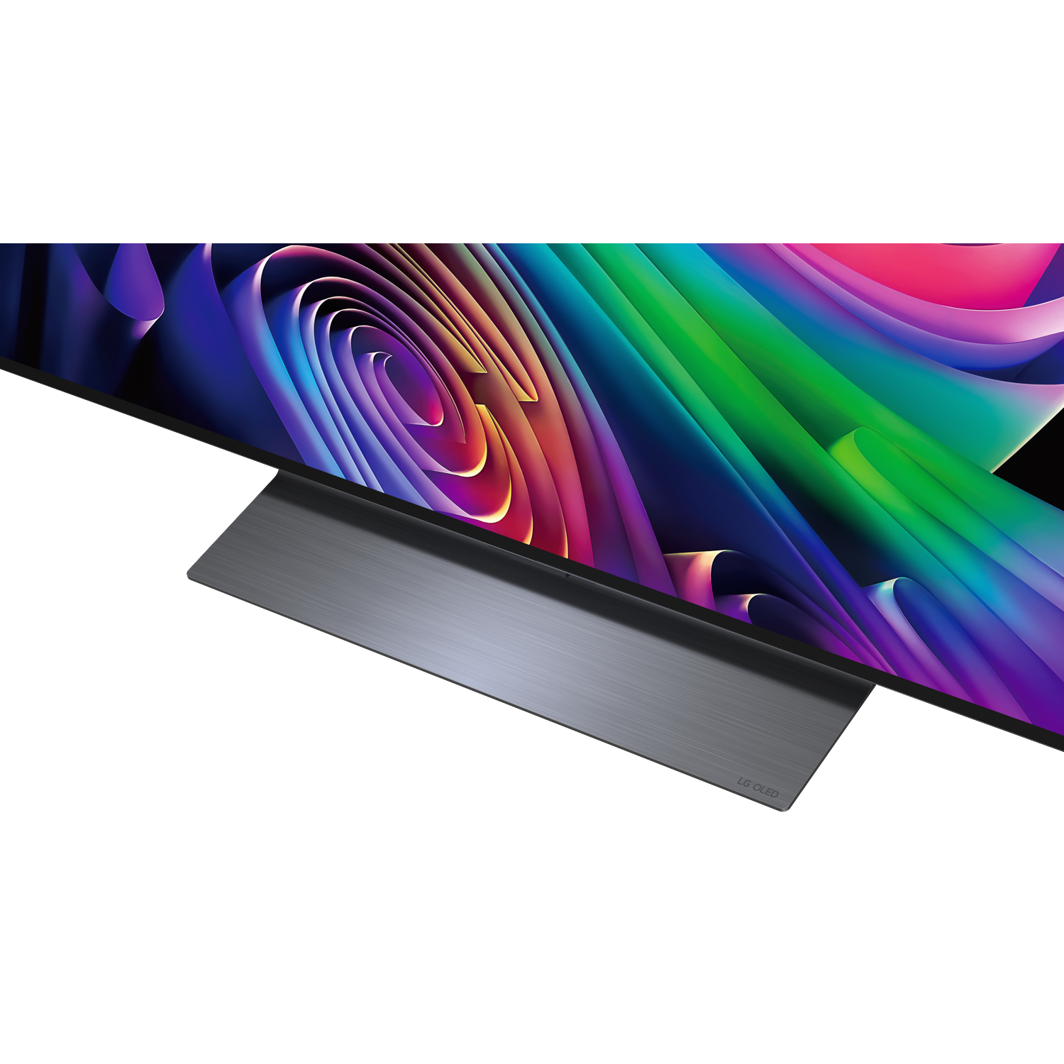 Een moderne LG OLED TV met een abstracte, kleurrijke achtergrond.