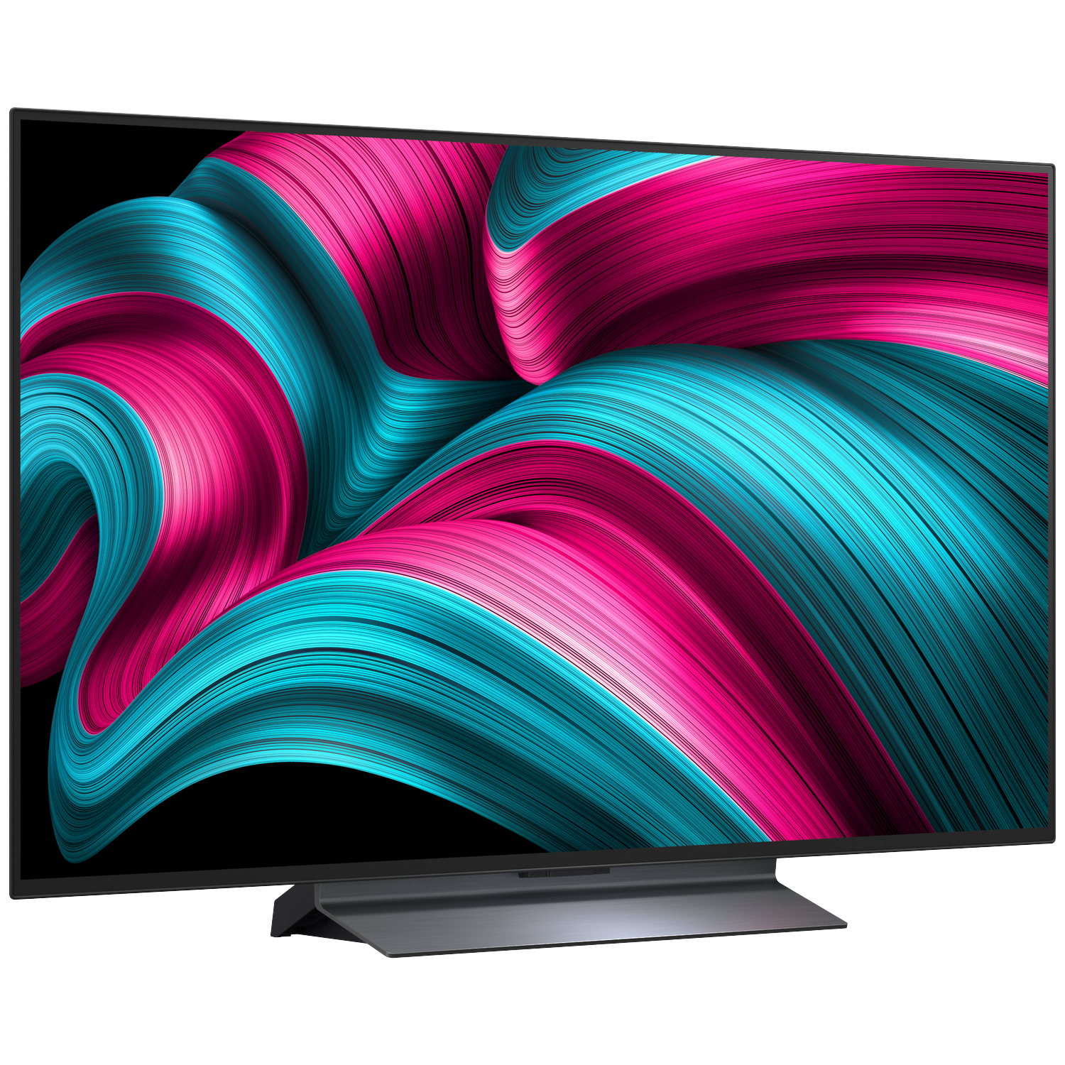 Een moderne televisie met een abstract patroon van roze en turkooise golven.