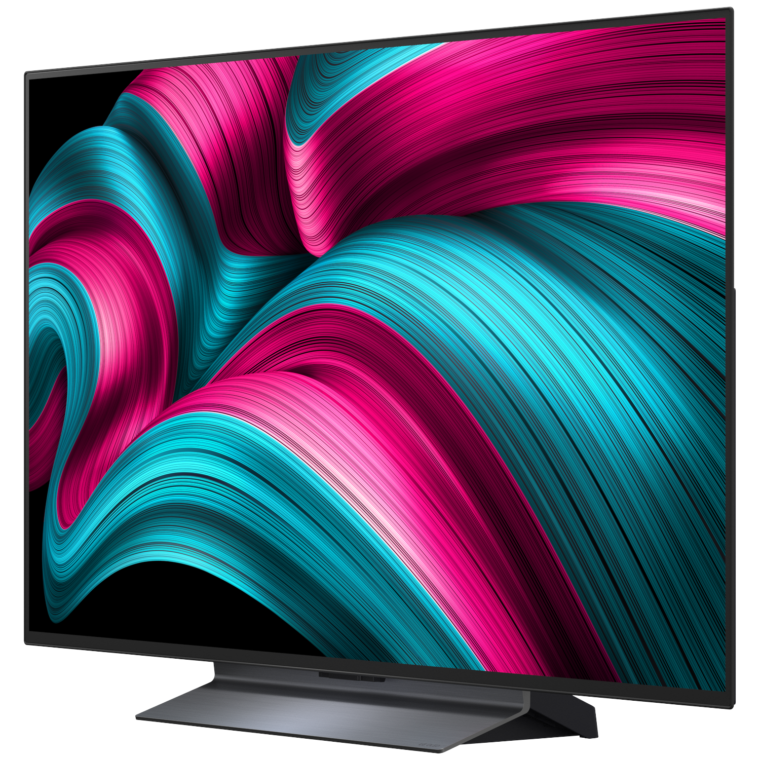 Een moderne tv met een dynamisch abstract patroon van wervelende roze en turkooise kleuren.