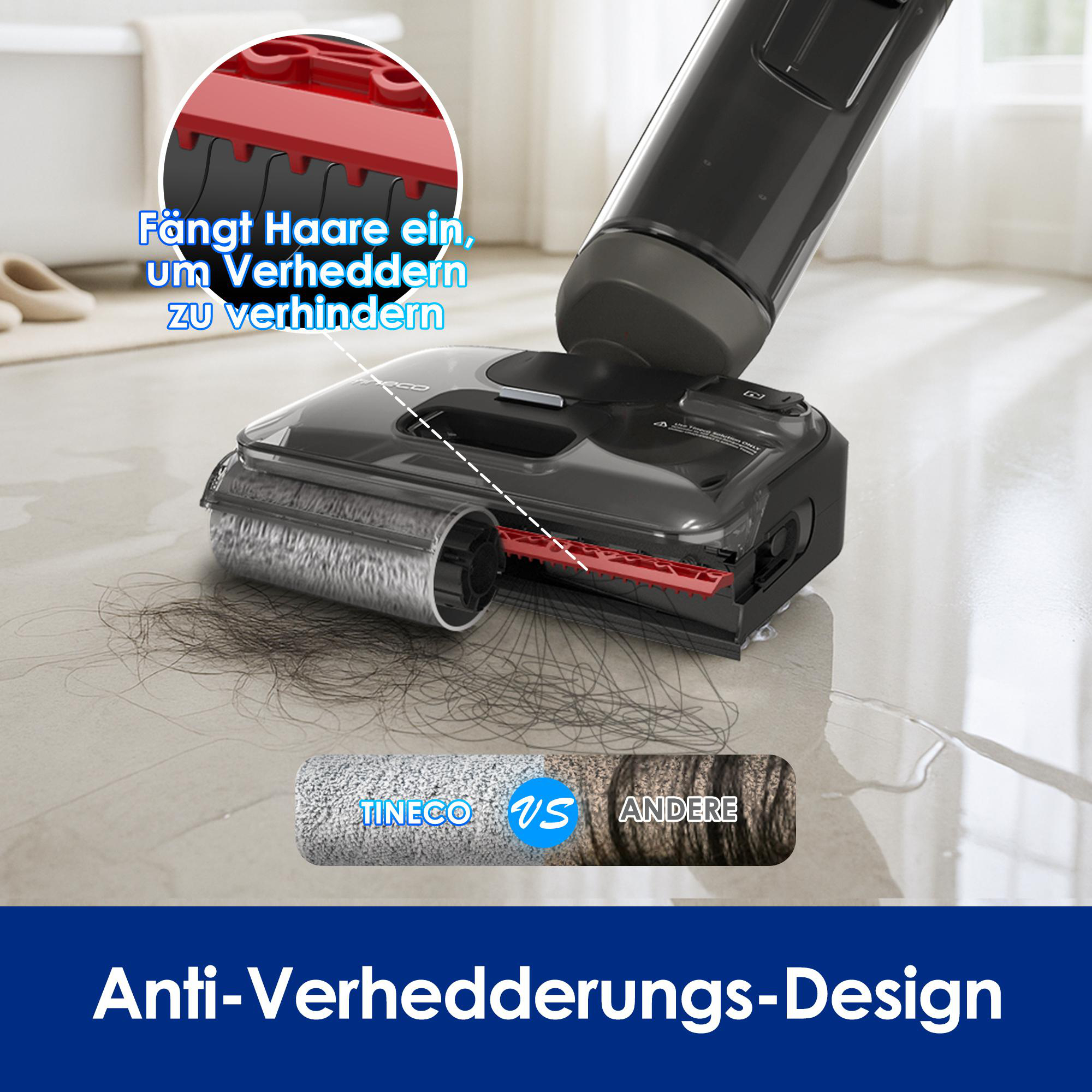 Staubsaugeraufsatz mit rotierender Bürste, der Haare einfängt, um Verheddern zu verhindern.