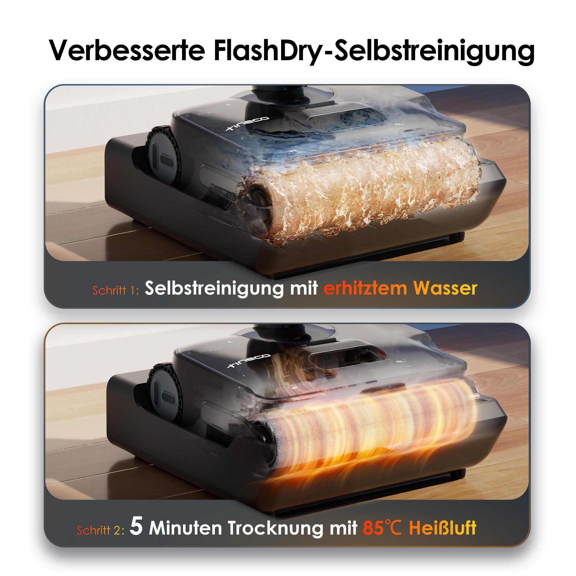 Zwei Schritte der Tineco Selbstreinigungs- und Trocknungsfunktion mit heißem Wasser und Luft.