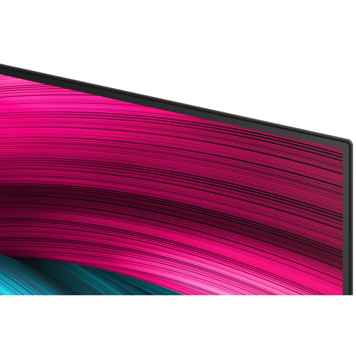 Abstracte lijnen in roze en blauw tegen een zwarte achtergrond.