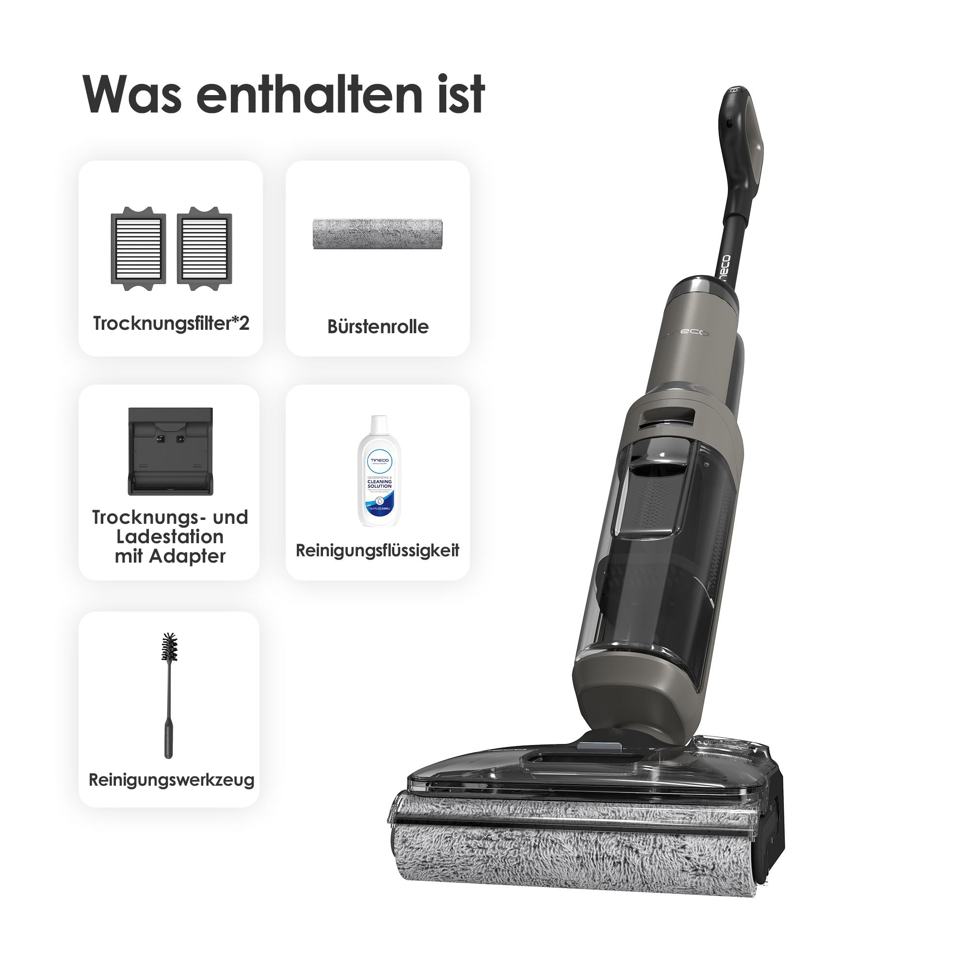 Ein Bodenreiniger mit Zubehör: Filter, Bürstenrolle, Station, Lösung, Werkzeug.
