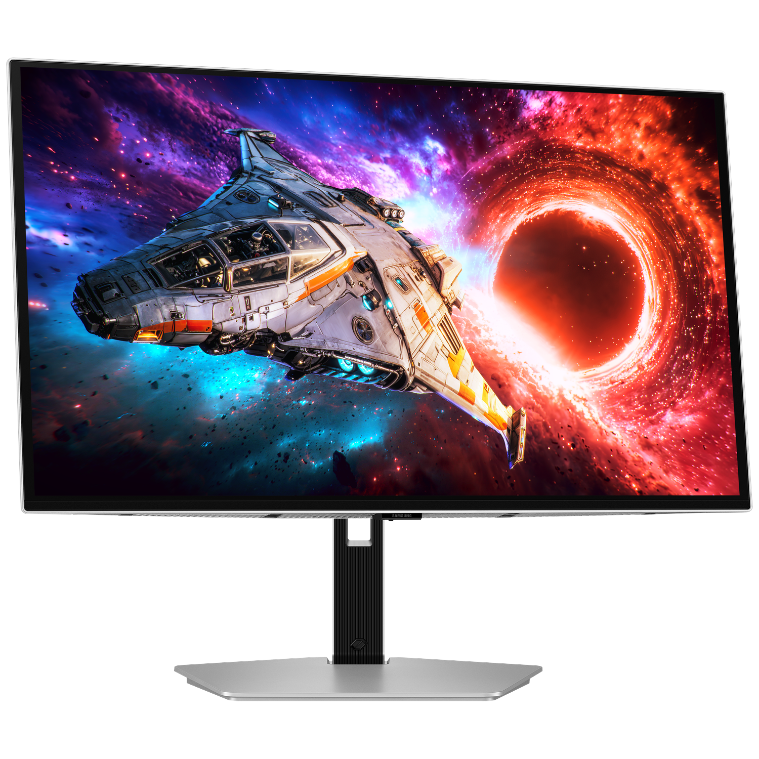 A spaceship flies towards a black hole with a glowing red rim.