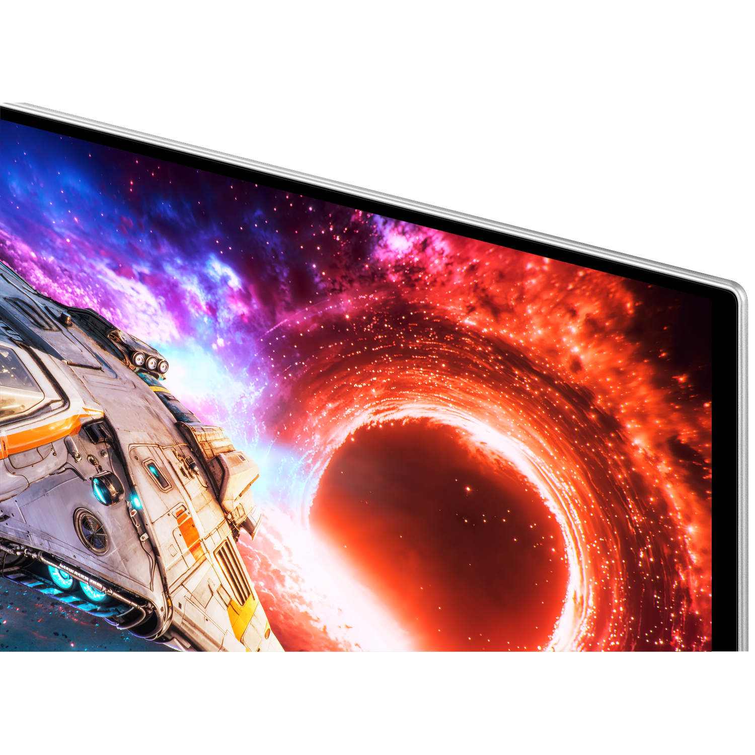 A spaceship flies towards a glowing black hole, surrounded by colorful nebula.