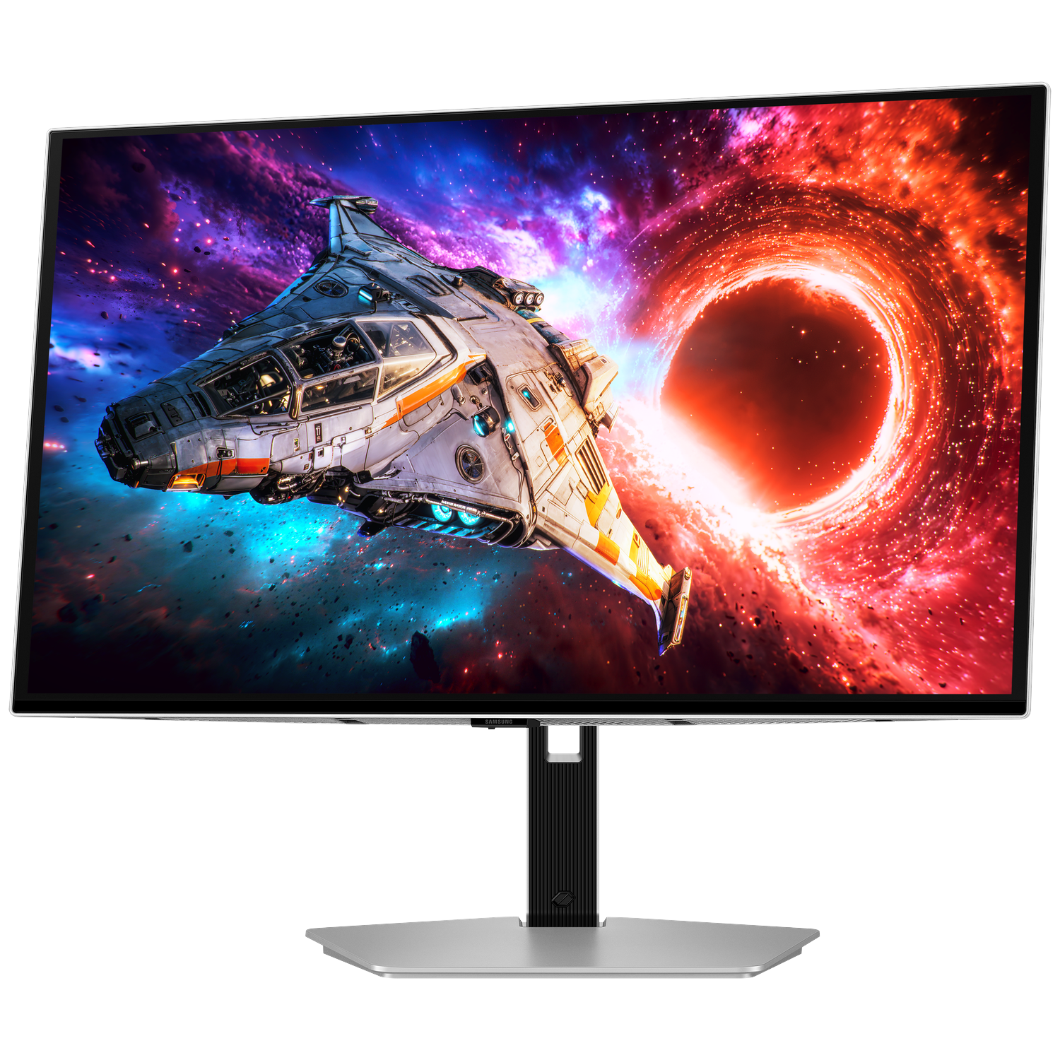 Spaceship flying through a galaxy with a black hole.