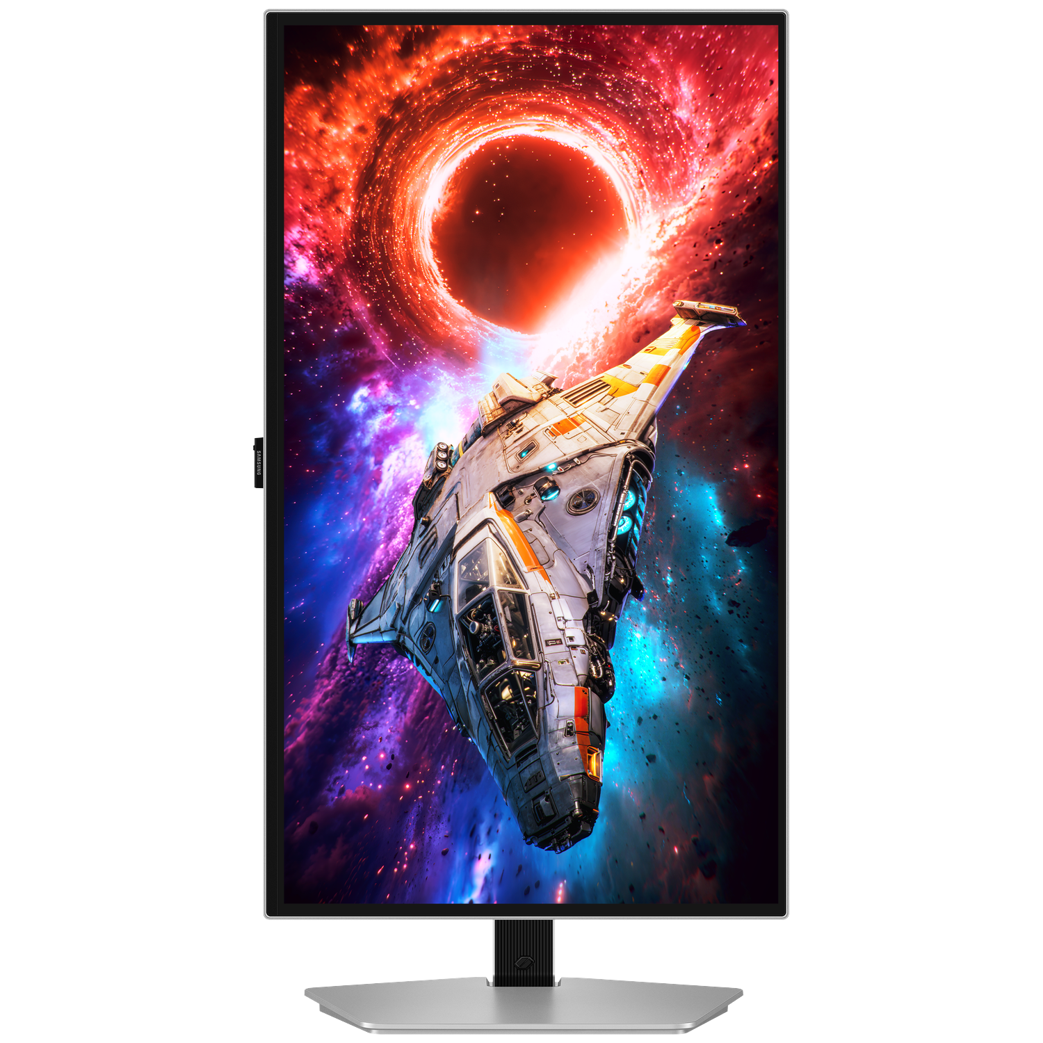 Spaceship flying towards a glowing black hole in space.
