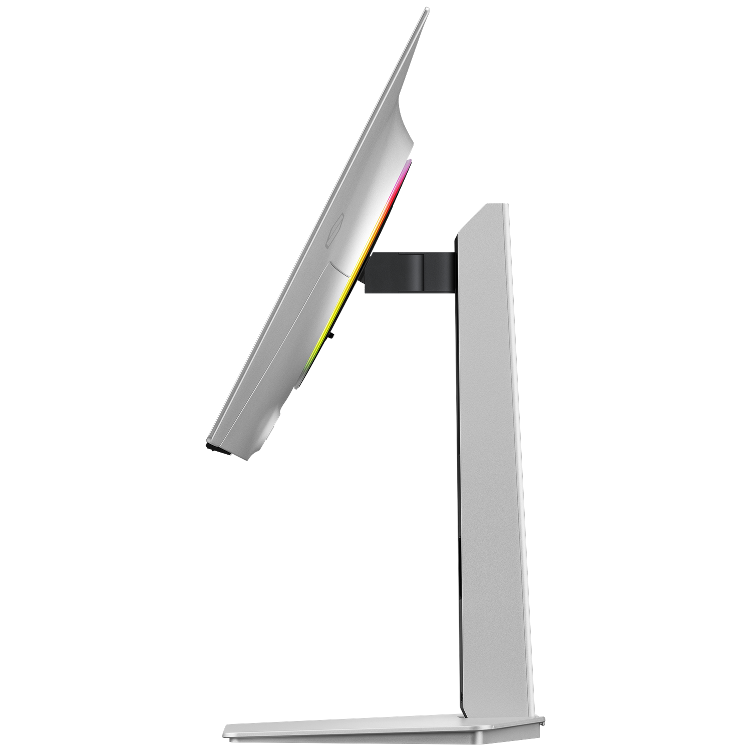 A silver monitor stands on a base with RGB lighting.