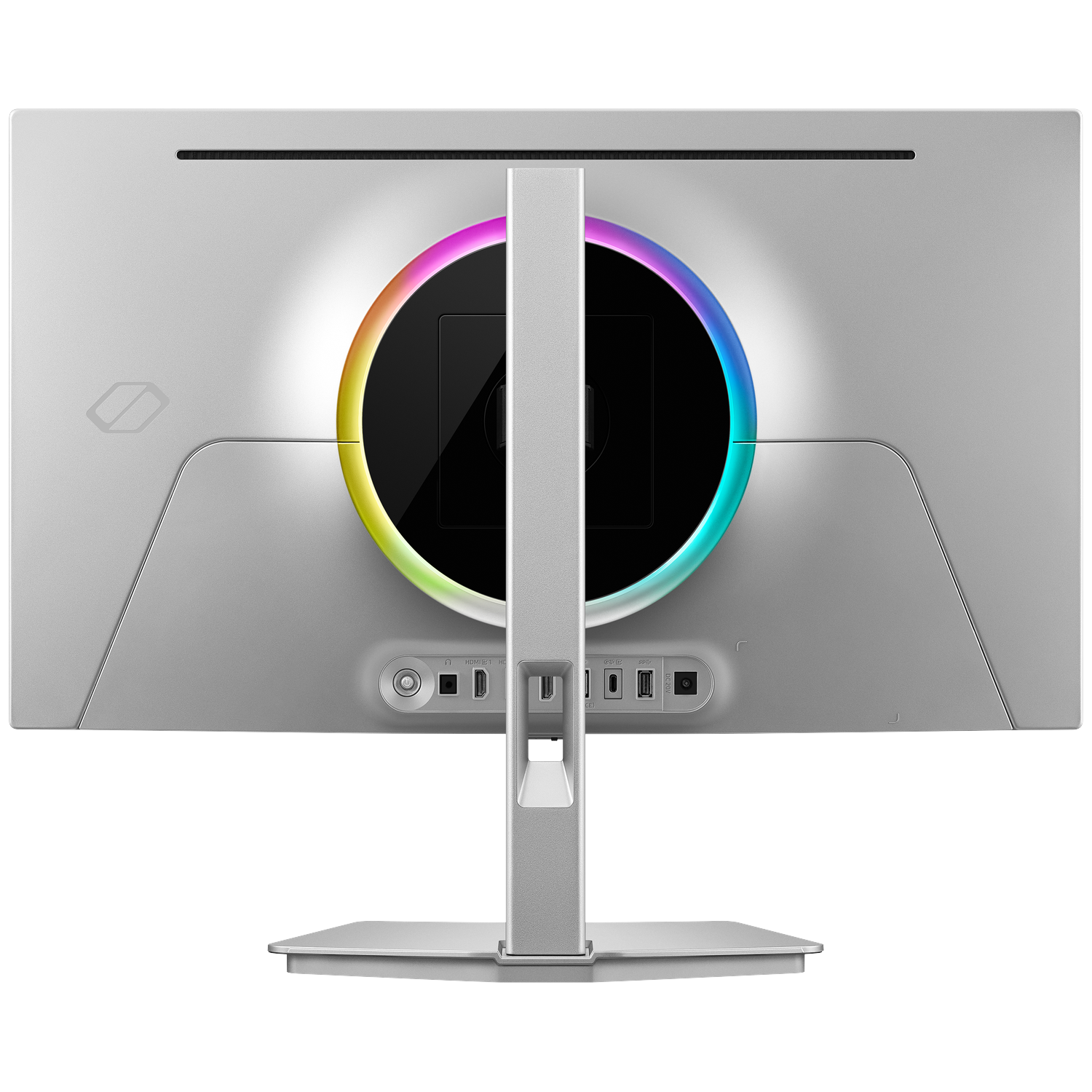 Back of a silver monitor featuring RGB lighting and ports.