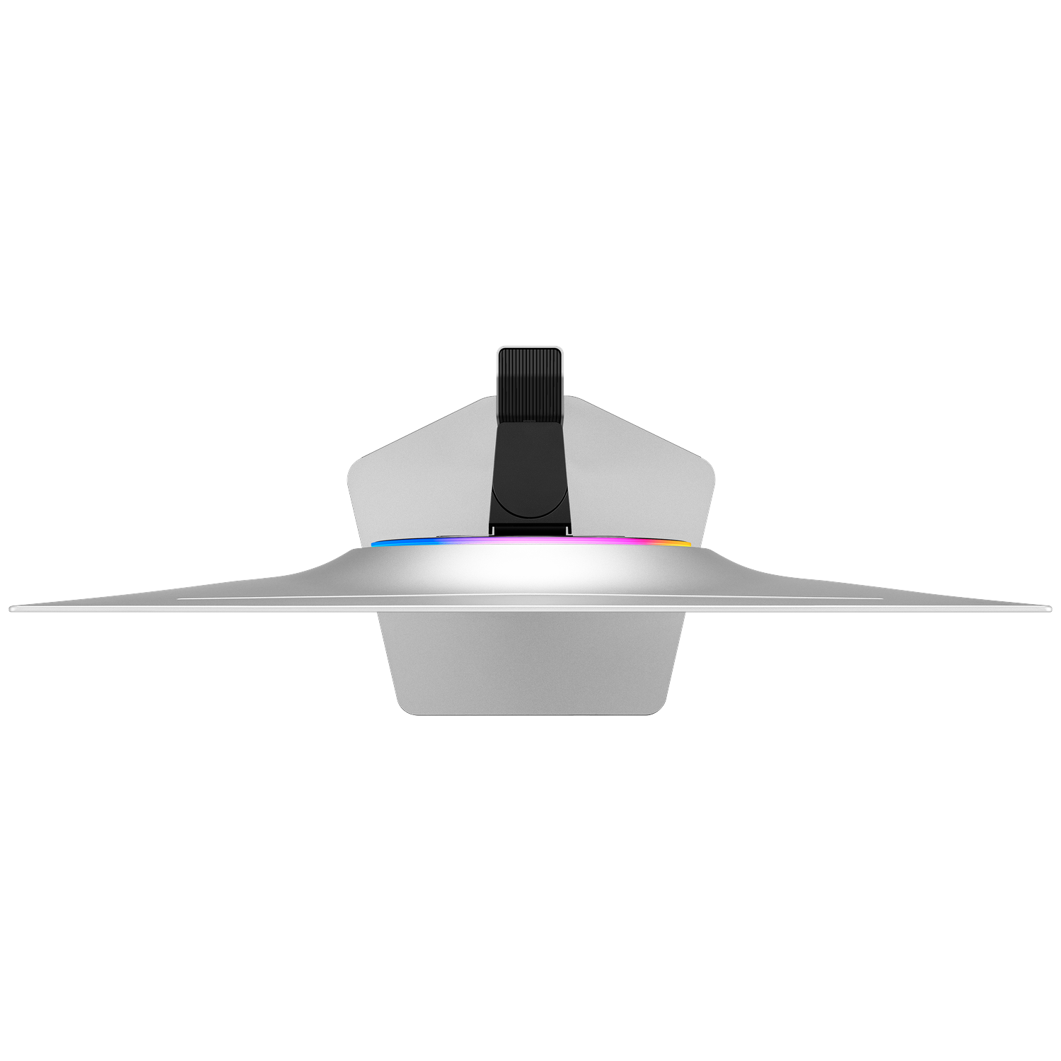 Silver monitor stand with RGB lighting and black fan