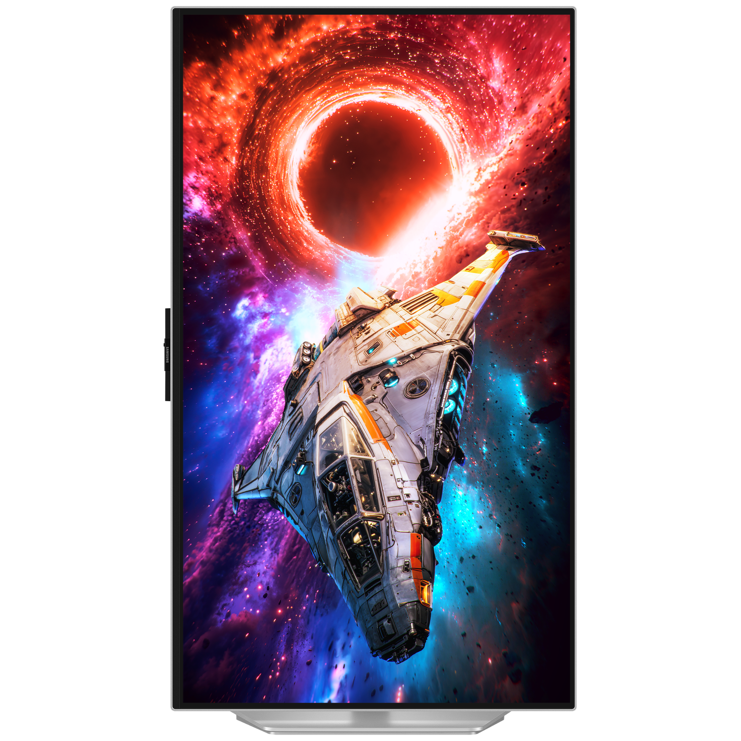 A spaceship flies towards a cosmic hole, surrounded by nebulae and stars.
