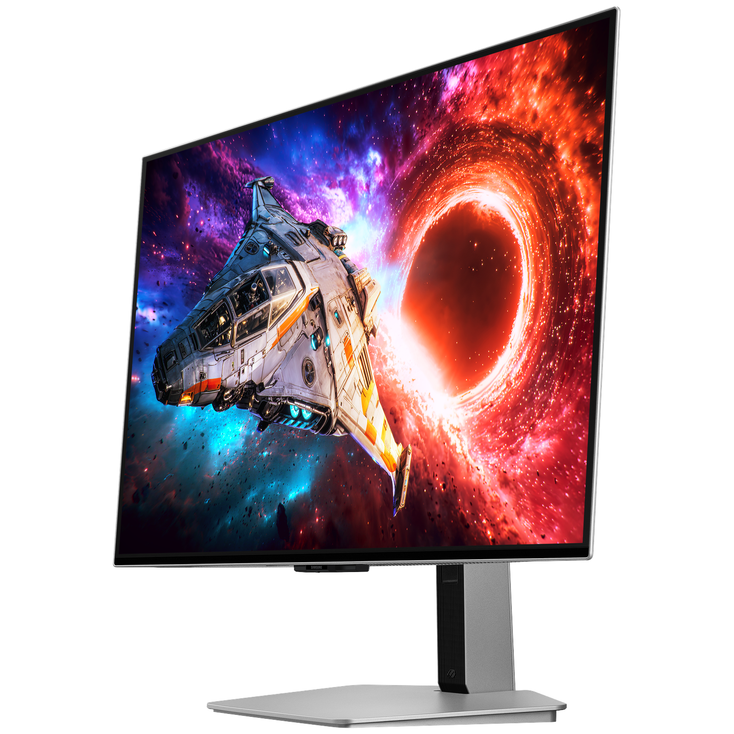 A spaceship flies past a colorful nebula and a black hole on a monitor.
