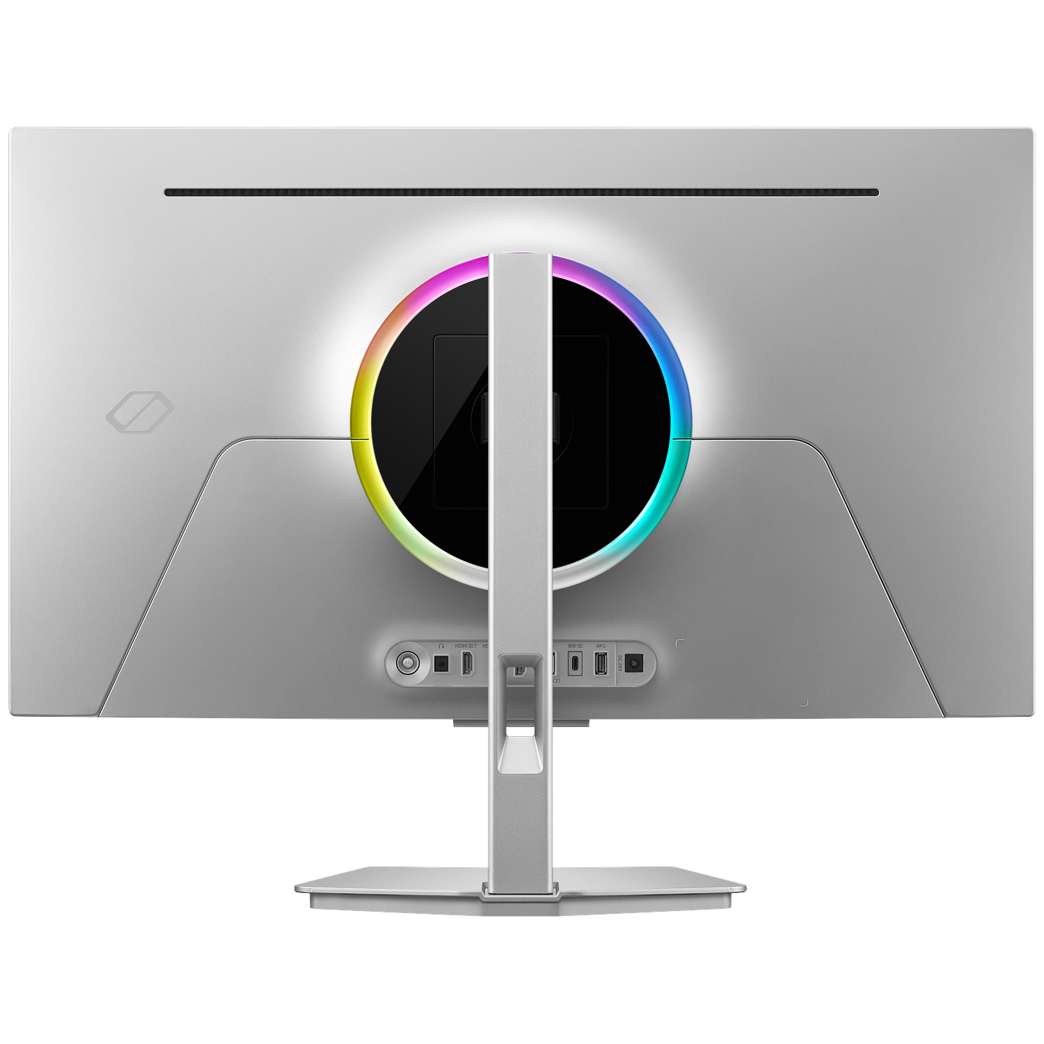 Back of a silver monitor with RGB illuminated circle and ports.