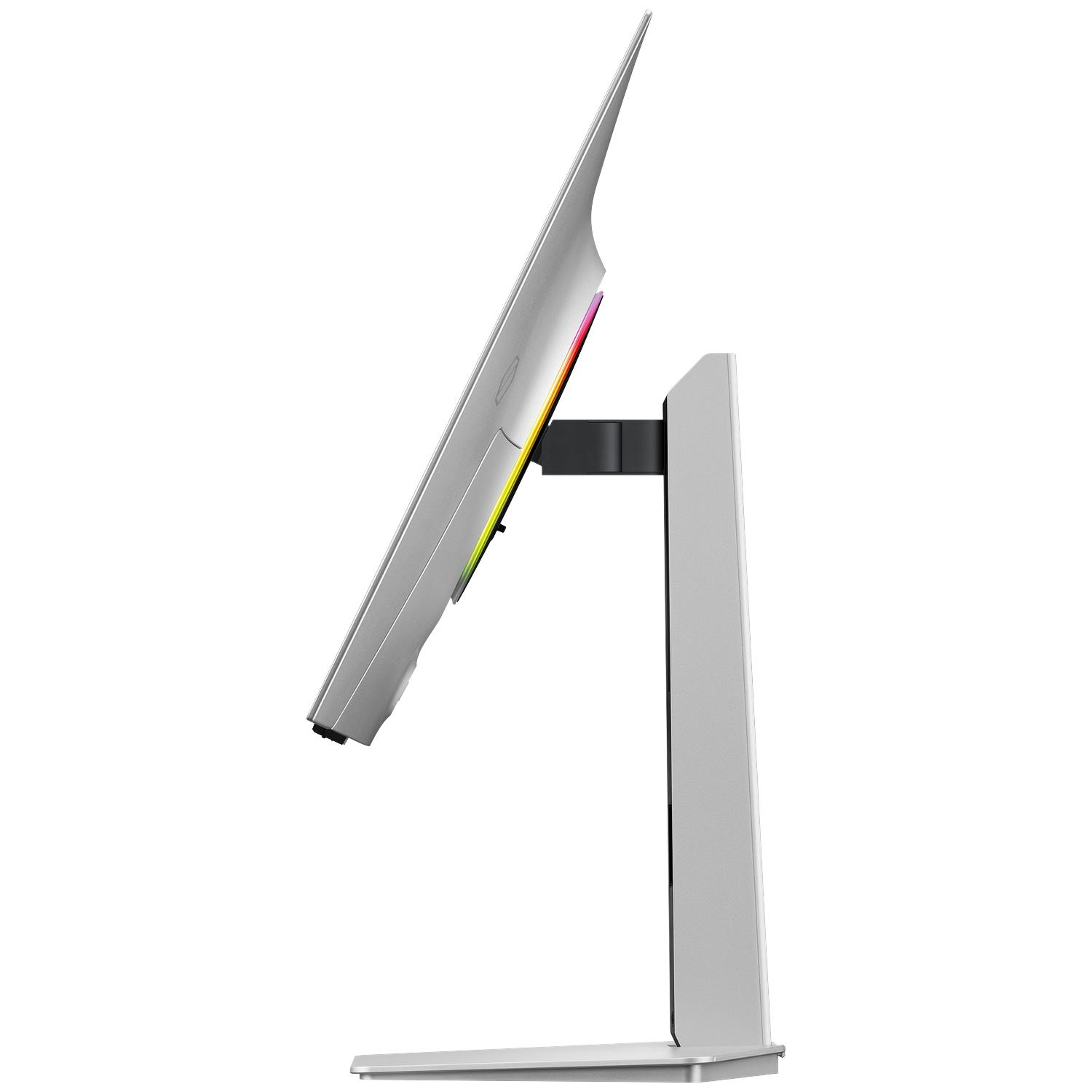 Silver monitor on a stand with RGB lighting on the back casing.