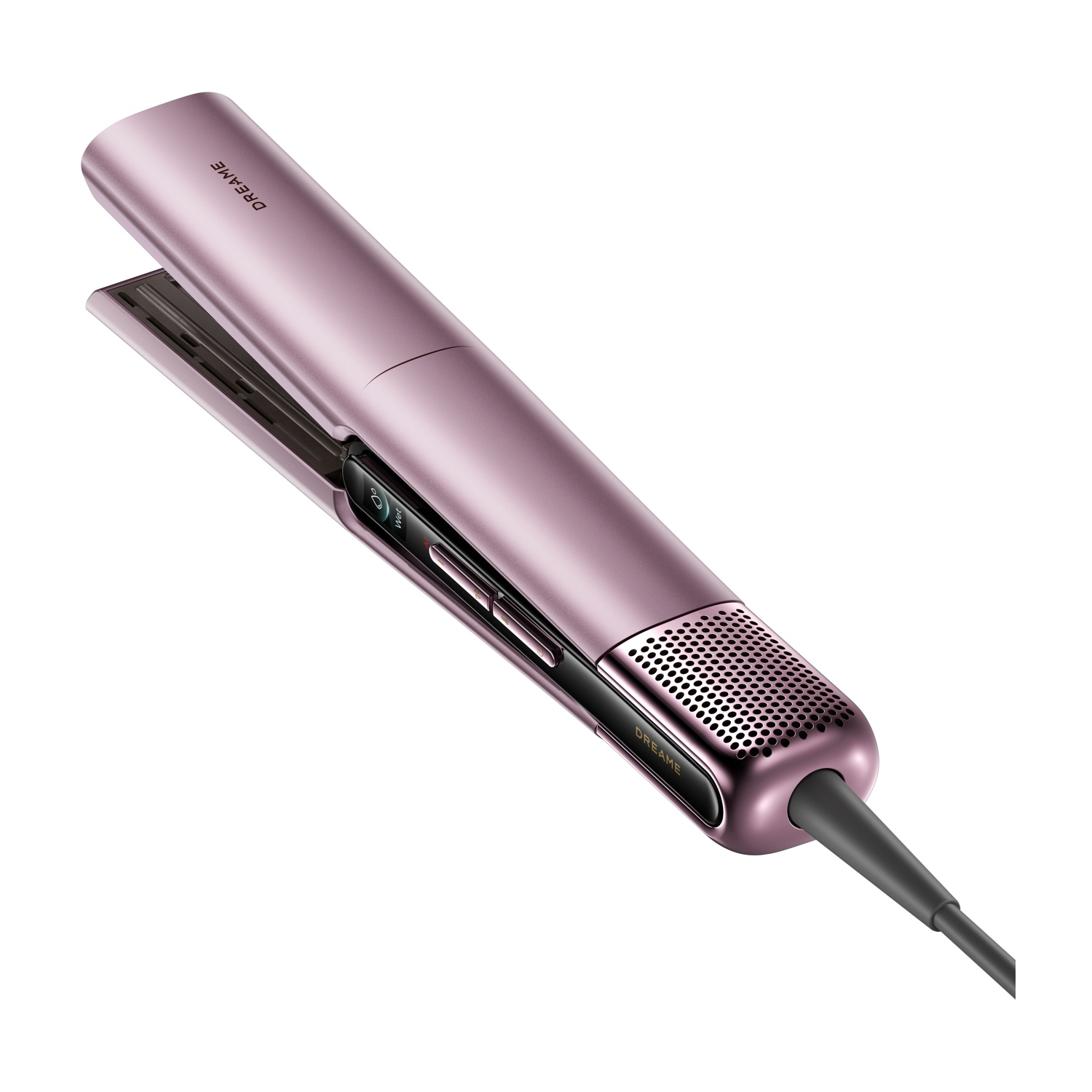 Una piastra per capelli rosa con display digitale e punta ventilata.