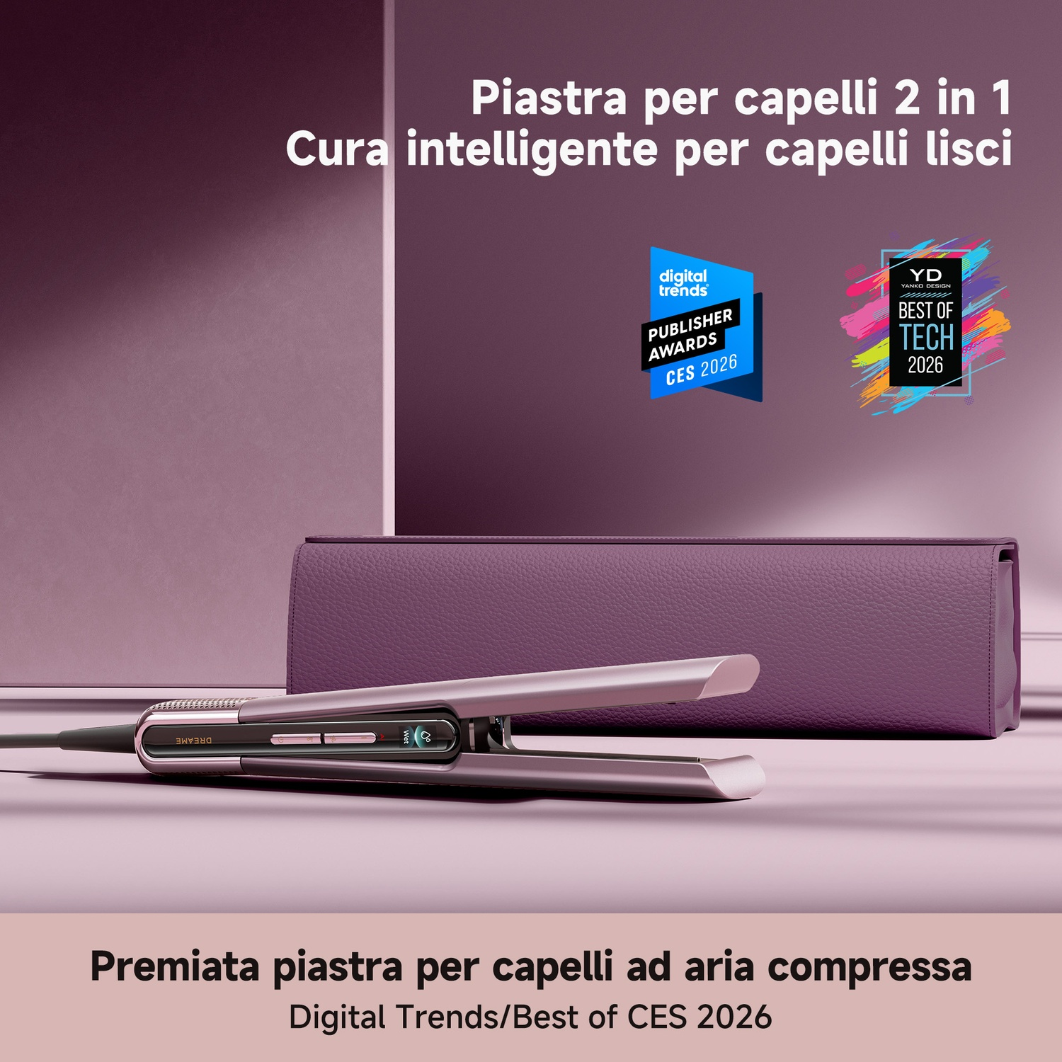 Una piastra per capelli viola e custodia, con premi per il CES 2026.