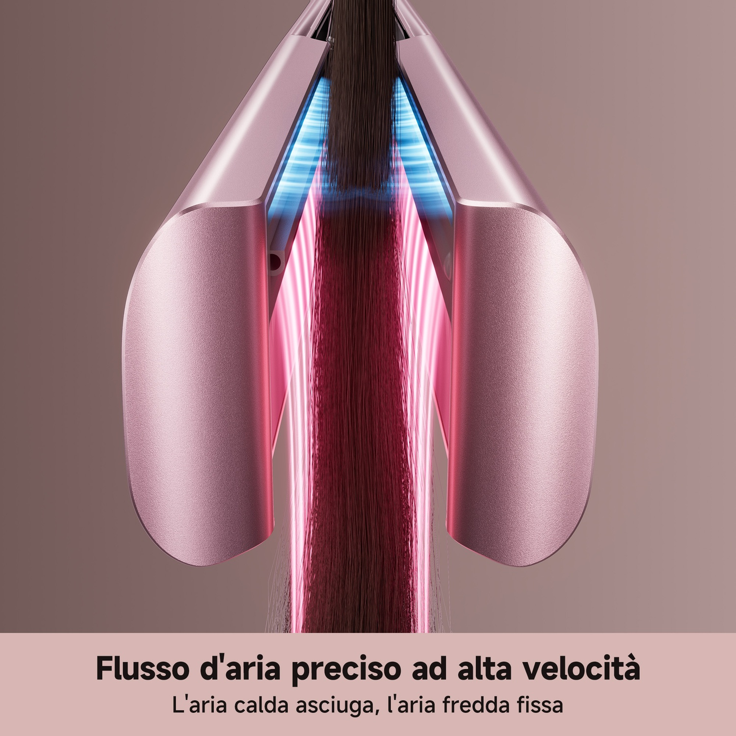 Strumento rosa per capelli che asciuga con flusso d'aria blu e rosso.