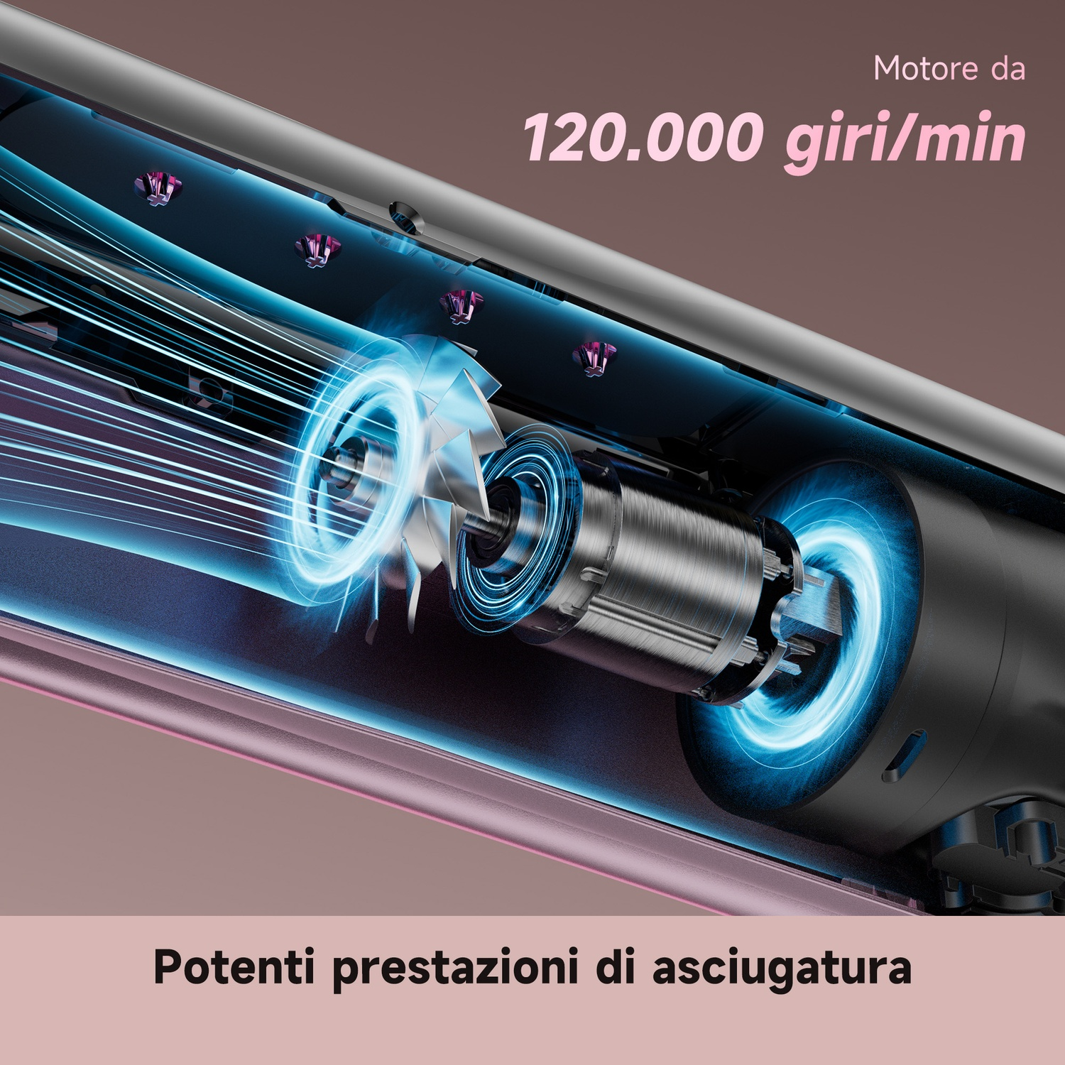 Primo piano del motore di un asciugacapelli da 120.000 giri/min.