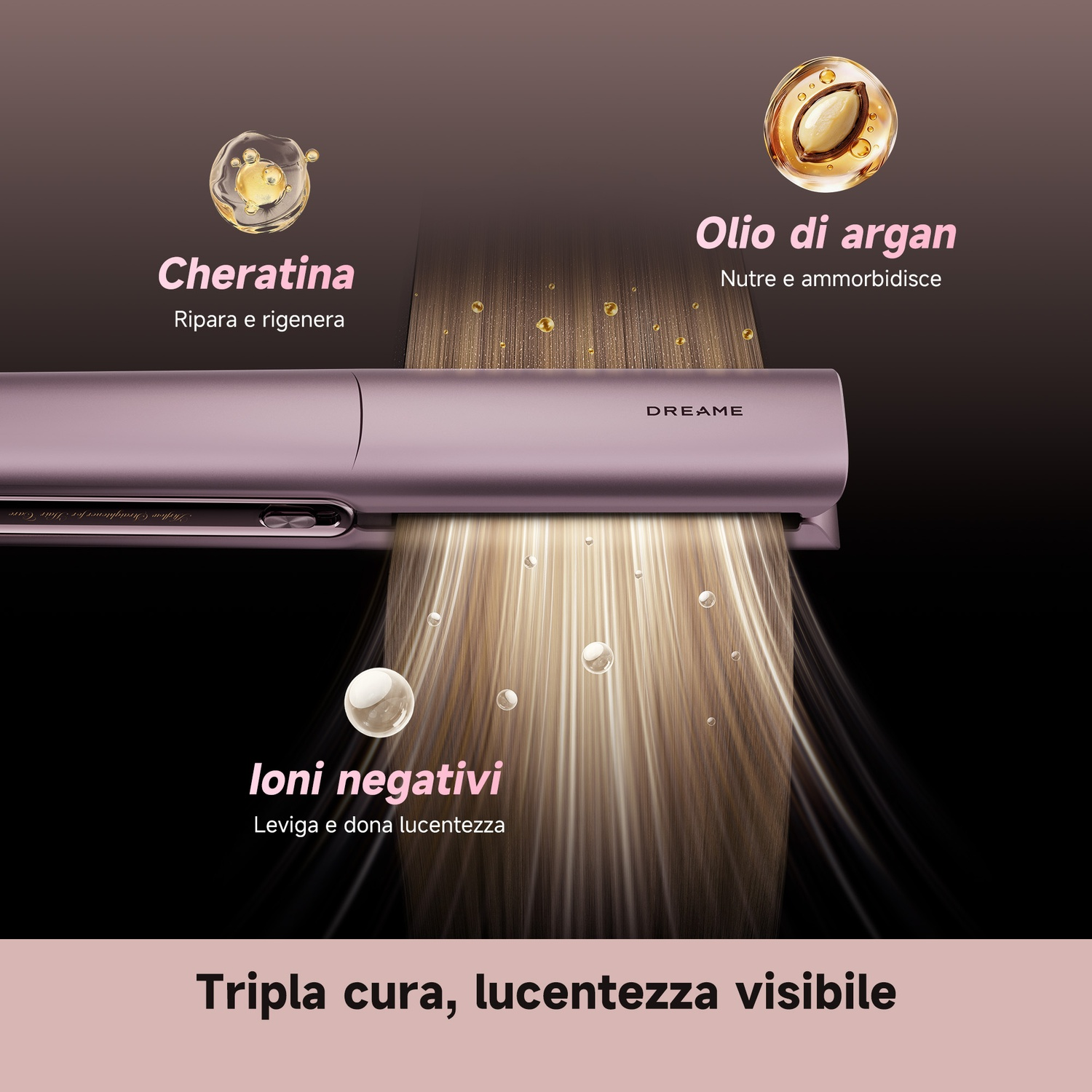 Una piastra per capelli viola con cheratina, olio di argan e ioni negativi.