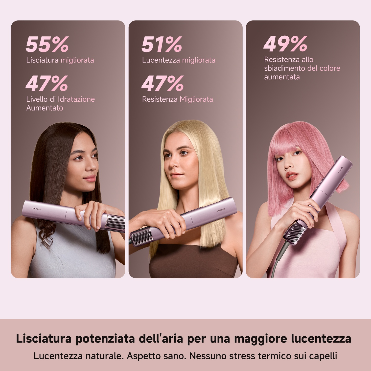 Tre donne con capelli di colori diversi tengono una piastra viola.