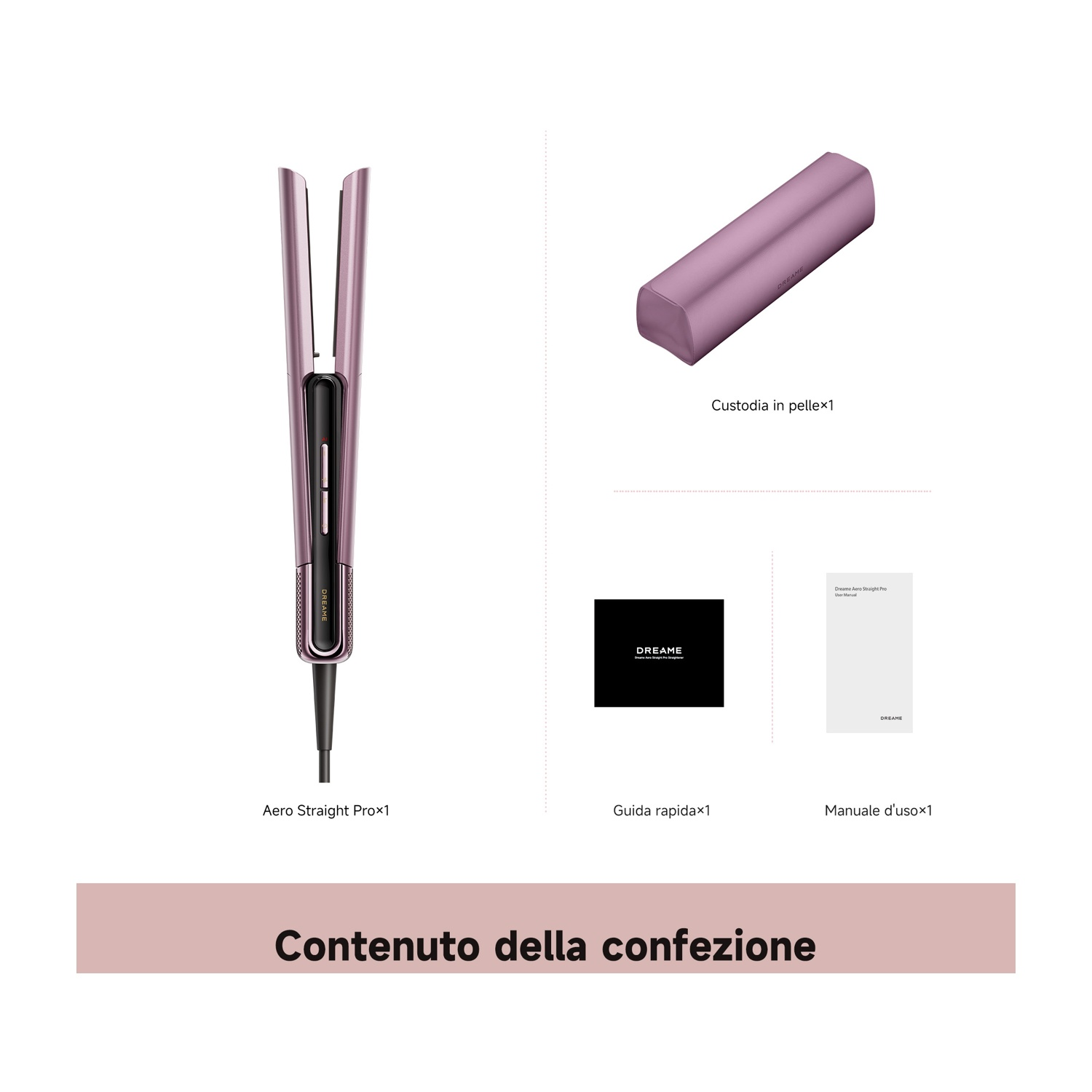 Un piastra per capelli rosa, una custodia, una guida rapida e un manuale.