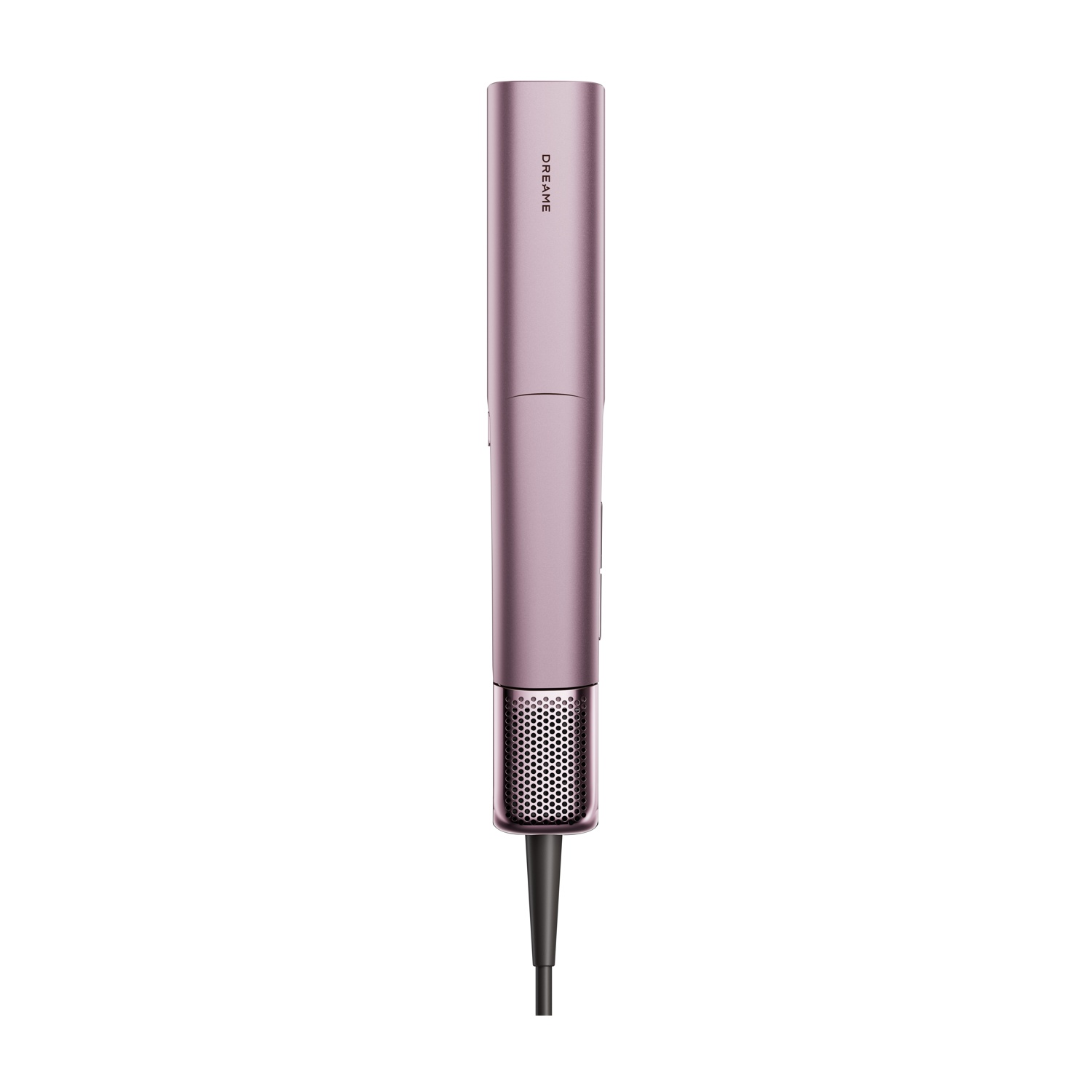 Un aspirapolvere portatile oro rosa con cavo nero su sfondo bianco.
