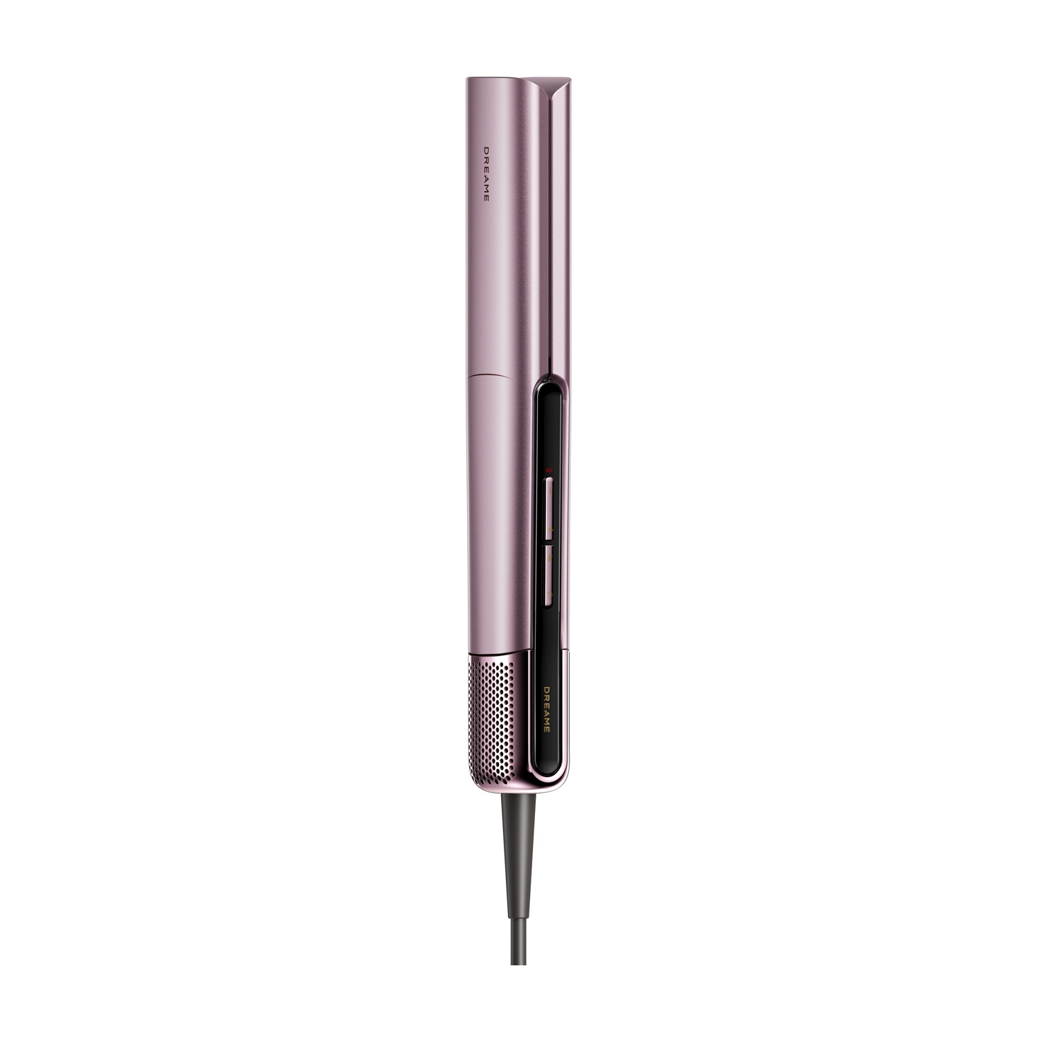 Una piastra per capelli color oro rosa con cavo nero e scritta DREAM.