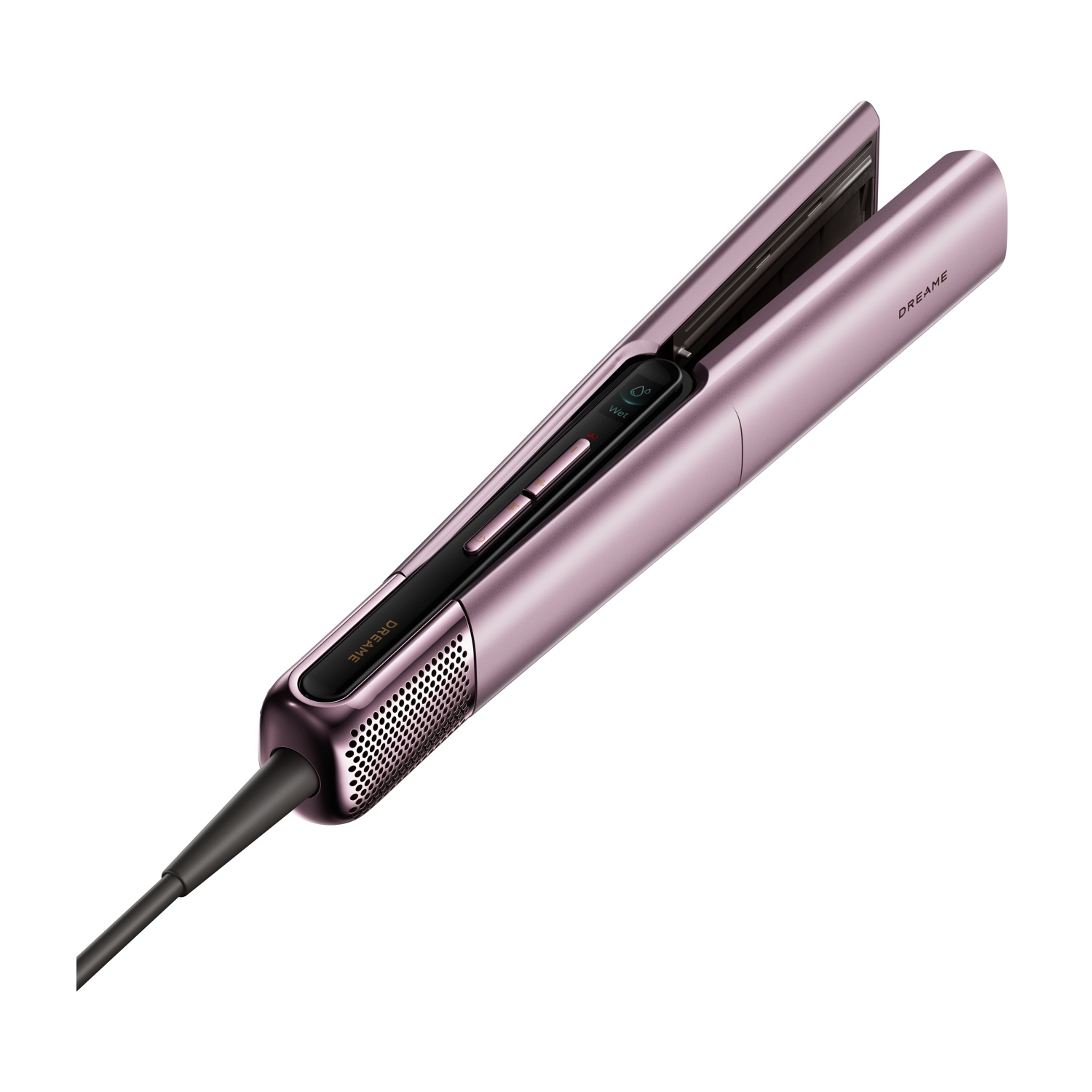Una piastra per capelli color oro rosa con display digitale e prese d'aria.