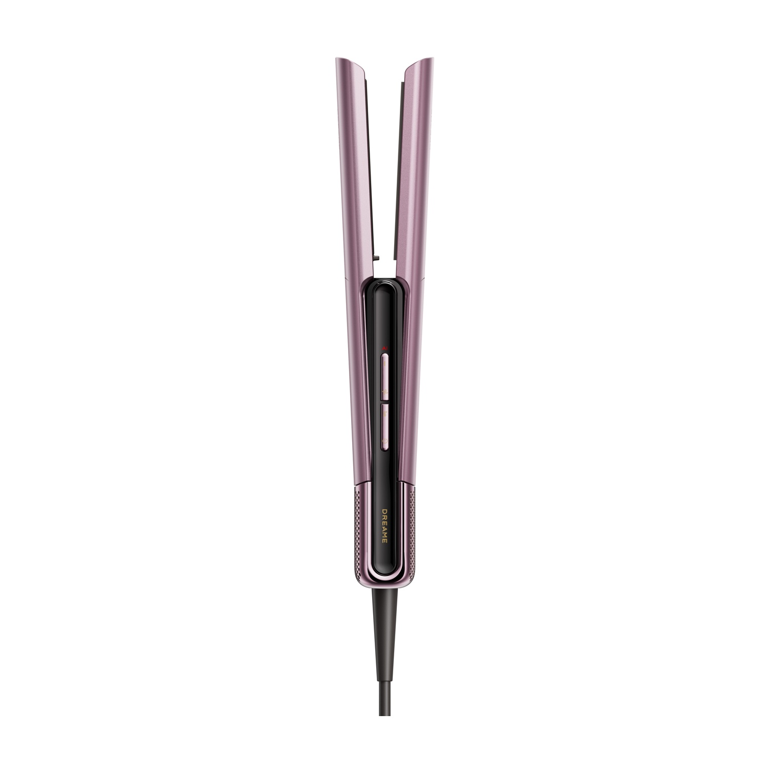 Una piastra per capelli color oro rosa con accenti neri e cavo.