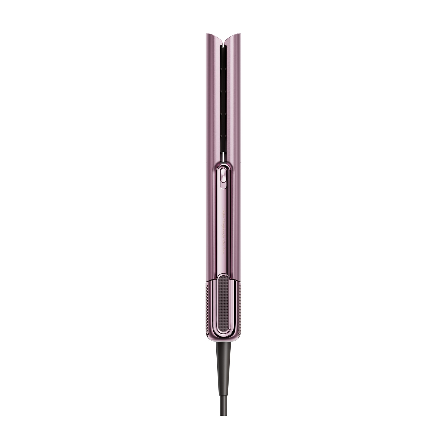 Una piastra per capelli oro rosa con cavo nero, su sfondo bianco.