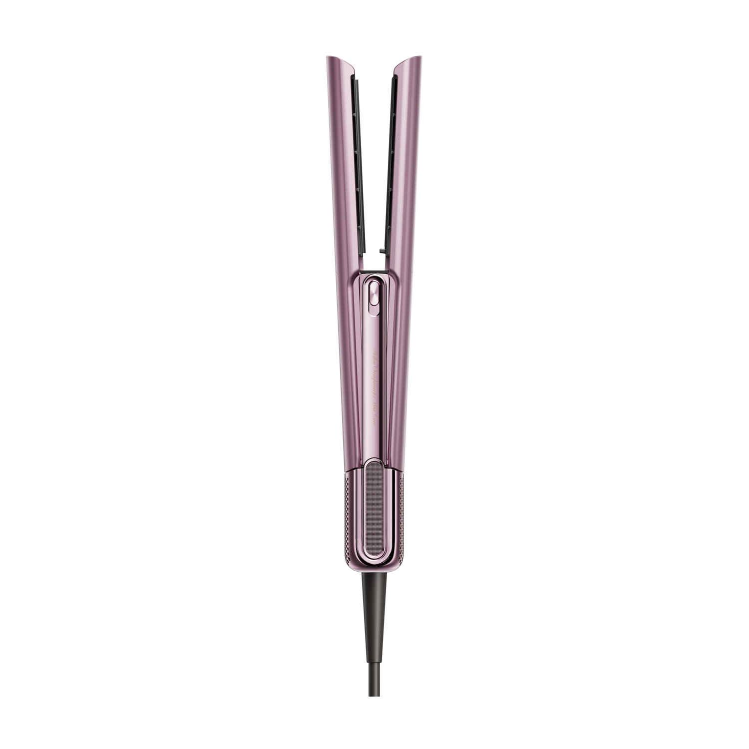 Una piastra per capelli rosa oro con cavo nero.