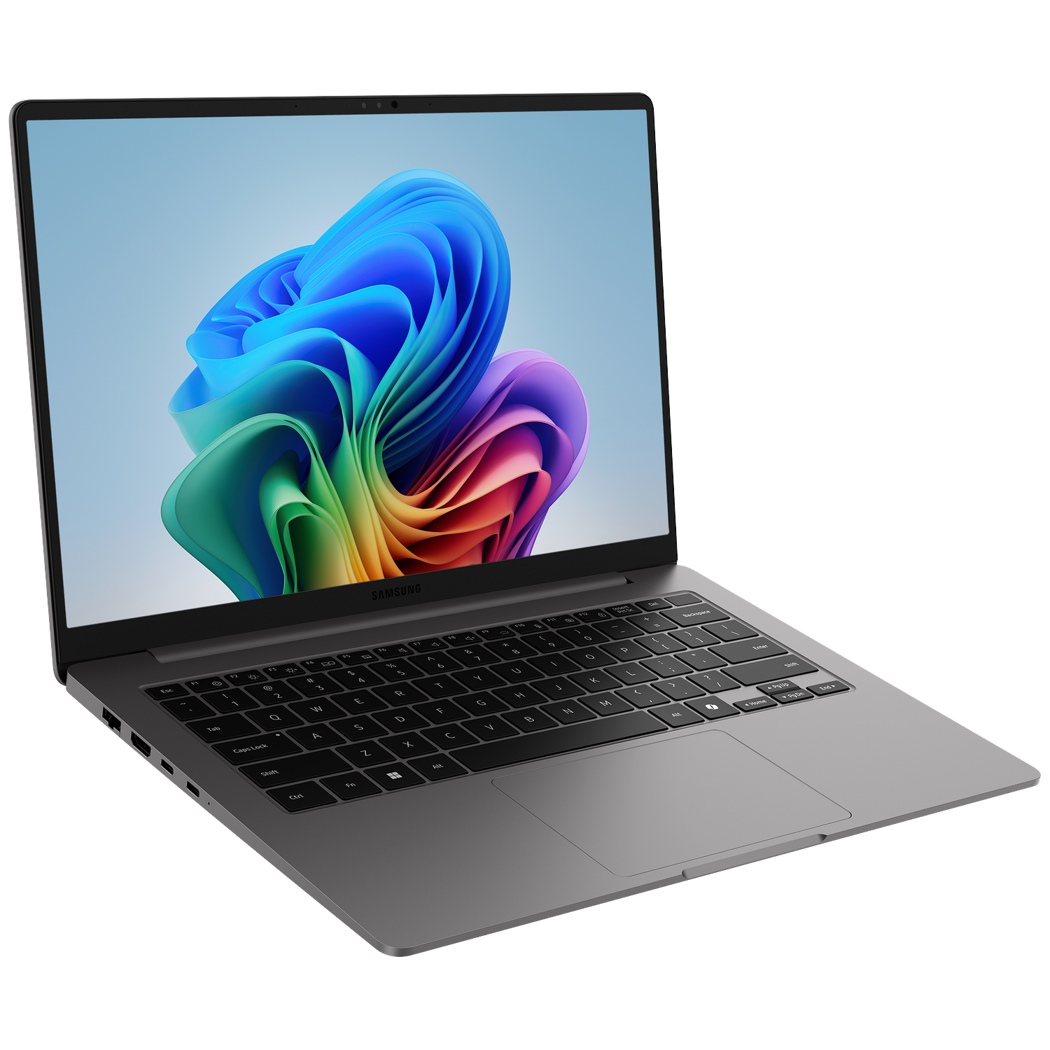 A gray Samsung laptop is open, showing a colorful abstract wallpaper on the screen.
