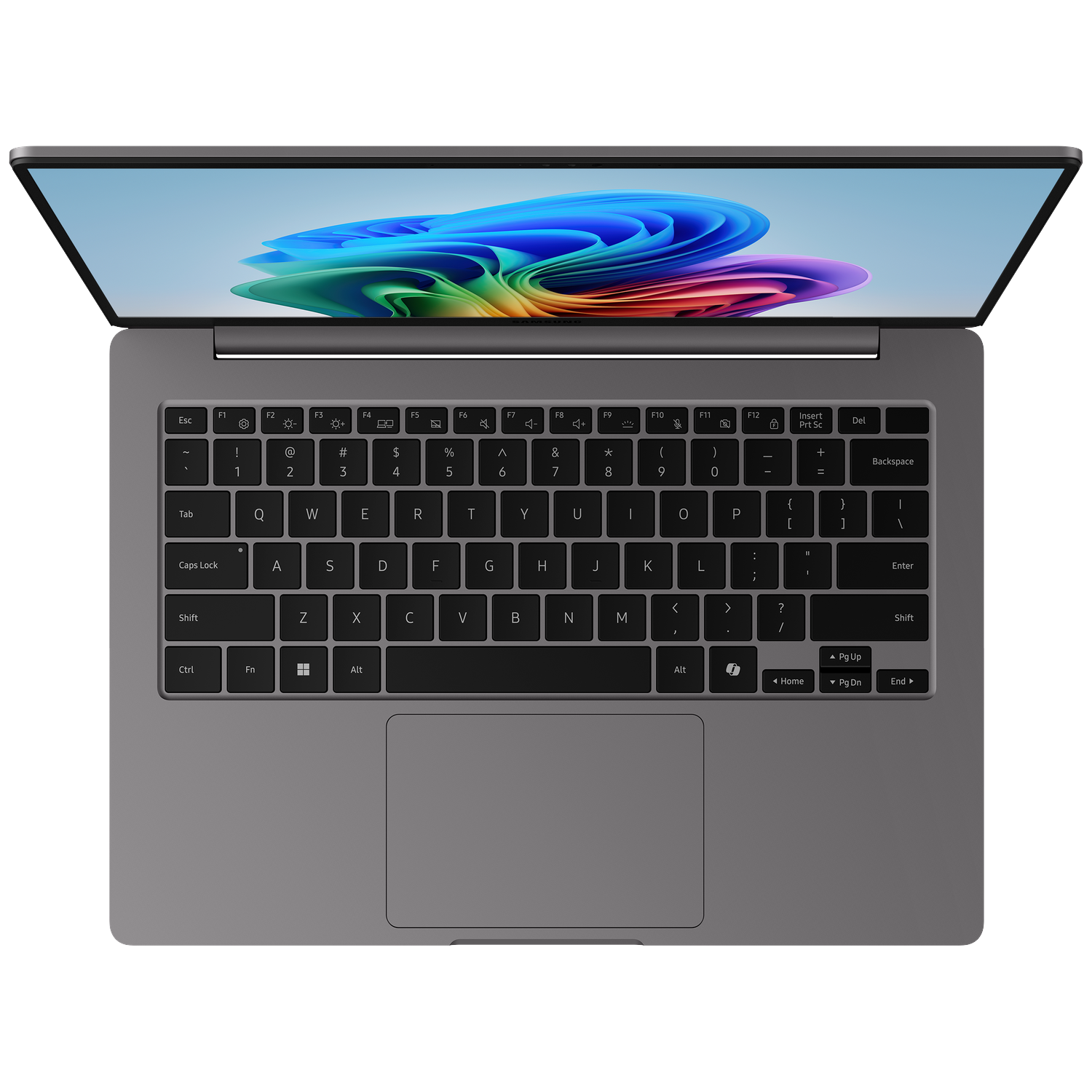 An open, gray laptop displaying a colorful wallpaper on its screen.