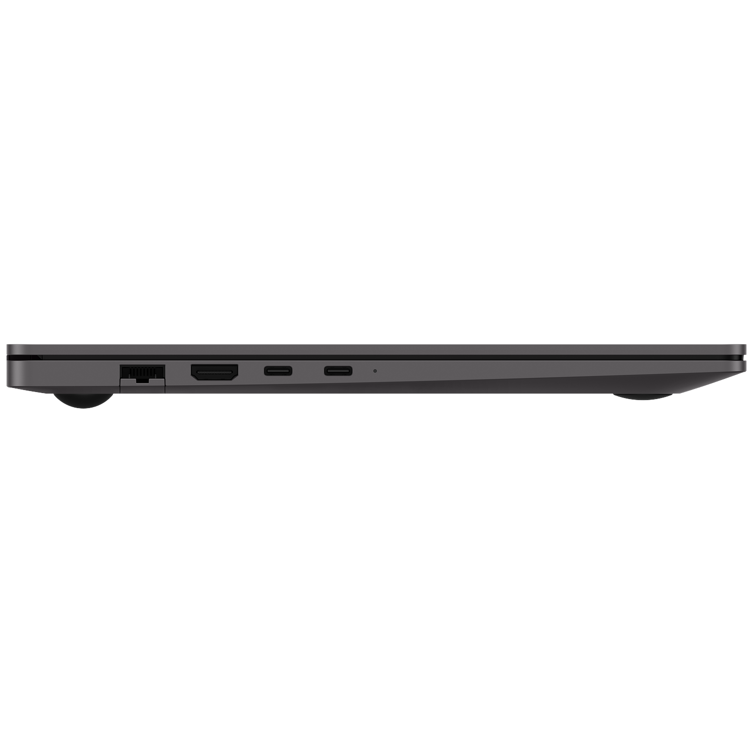 Side view of a dark laptop showing ports: Ethernet, HDMI, 2x USB-C.