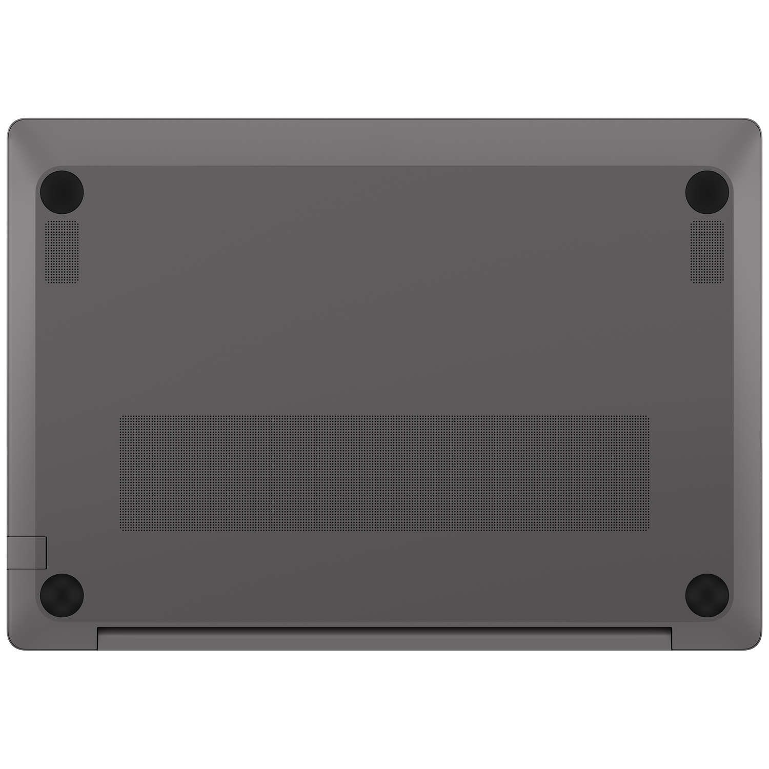 Underside of a gray laptop with four round feet and ventilation grilles.