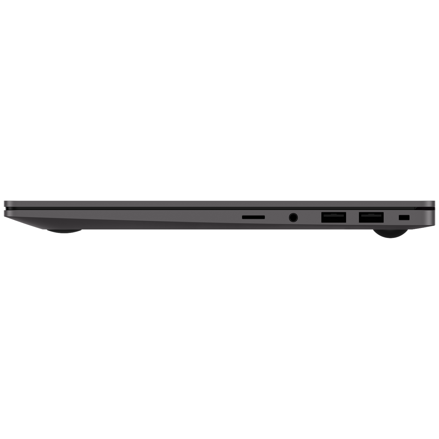 Side view of a slim, dark laptop with ports visible.